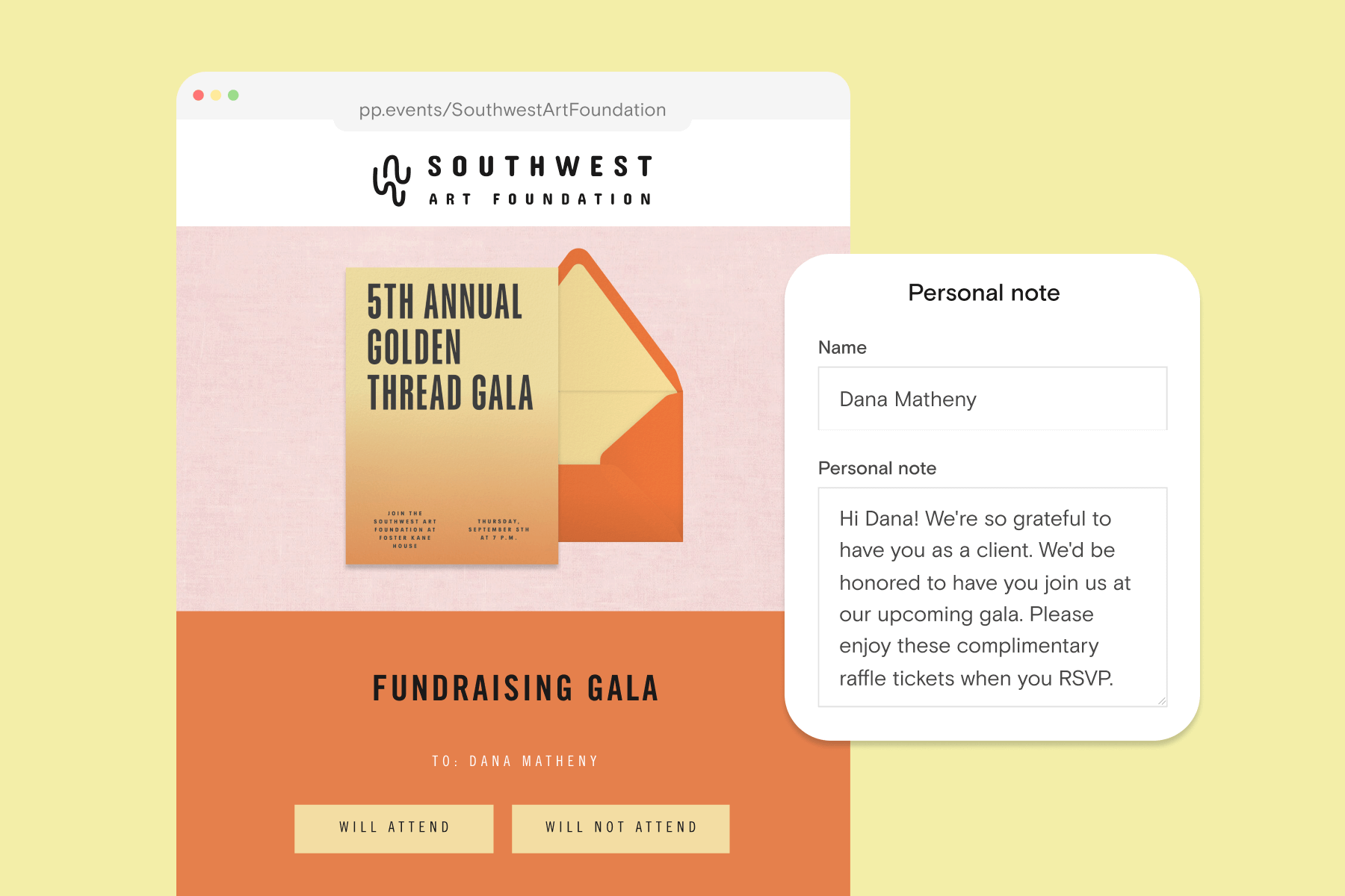 A digital invitation to a fundraising gala set on a yellow background with a digital tools box showing a customized personal note to the guest. 