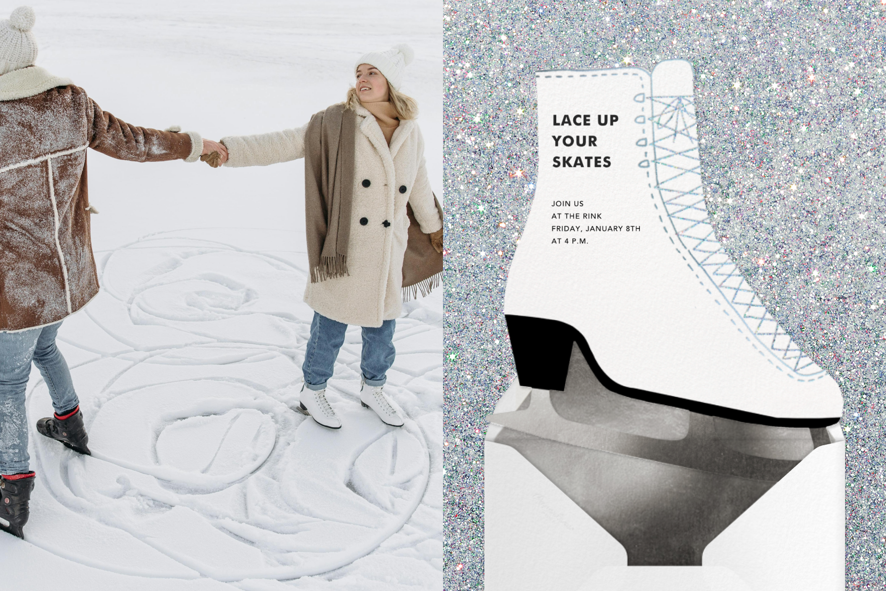 Two people dressed in coats and hats holding hands on an ice skating rink; An invitation for an ice-skating party featuring an ice skate-shaped invitation, a silver envelope liner, and silver glitter background. 