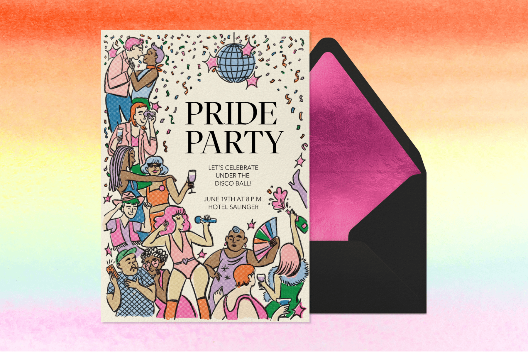 On a rainbow gradient backdrop, a pride party invitation illustrated with party-goers dancing under a disco ball with confetti sits next to a black envelope with pink lining.