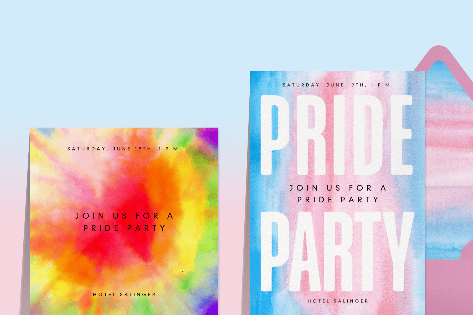A tie-dye invitation for a Pride party and a pink, blue, and white invitation with large white text reading ‘PRIDE PARTY’.