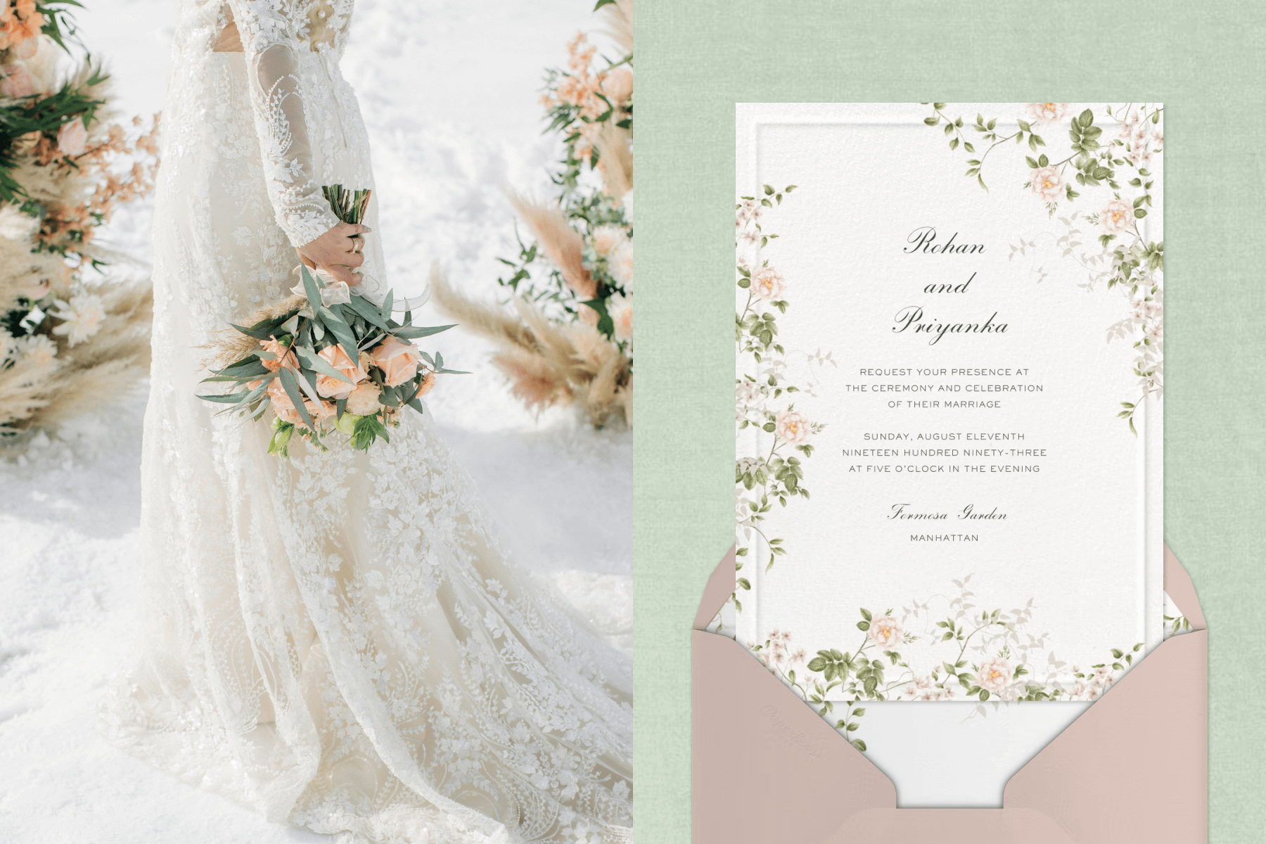 A bride in a long-sleeved cream lace dress holding a bouquet of pink roses; A wedding invitation featuring a white background with black script front and pink and green floral illustrations with a light pink envelope and light green background.