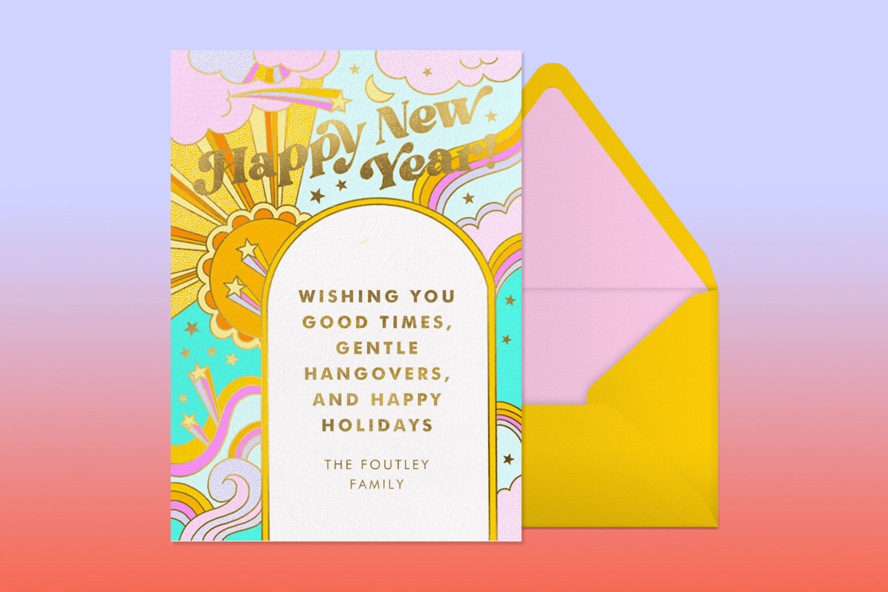 A new year card with an arch frame and a psychedelic sky scene featuring the phrase "Happy New Year!"