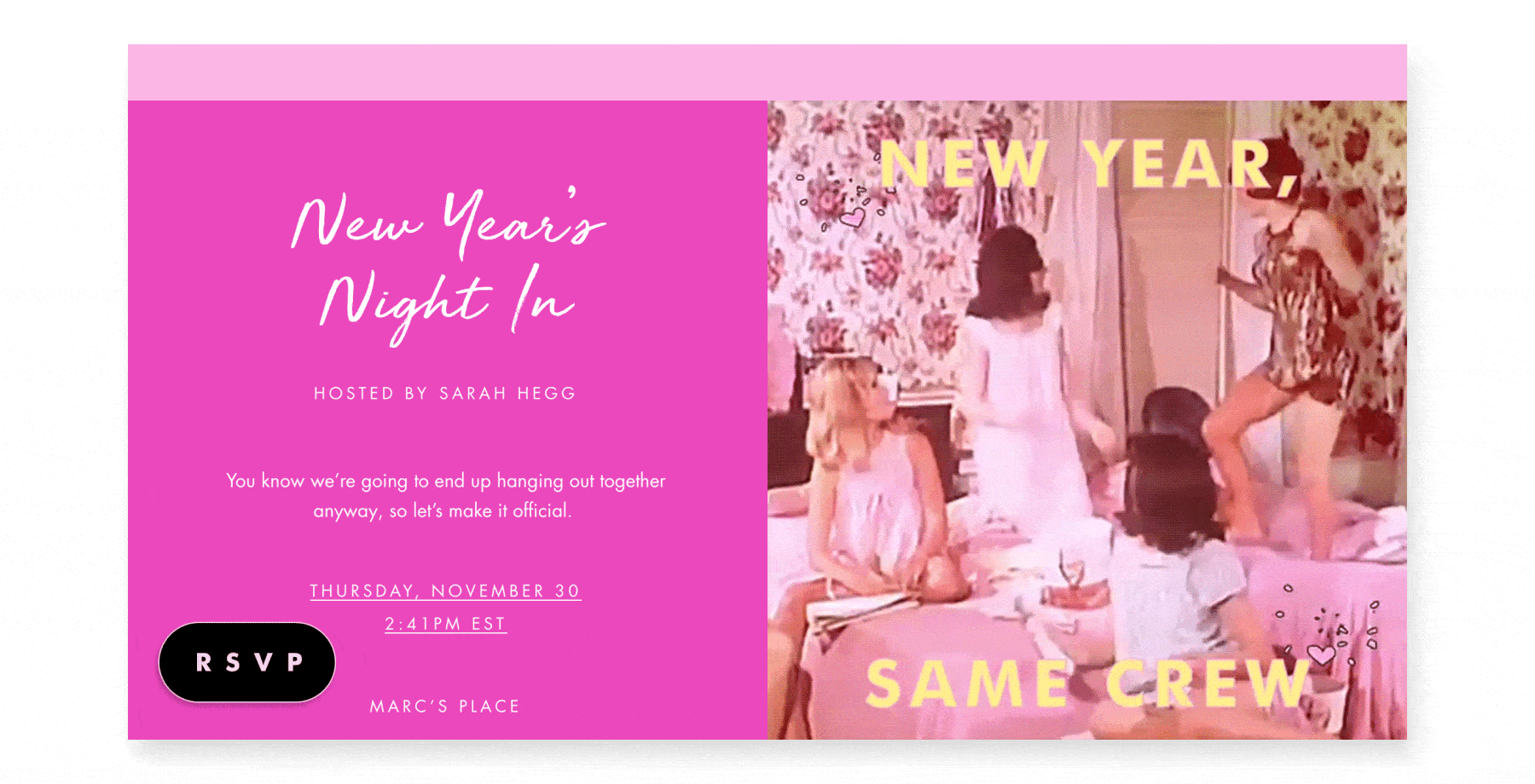 An online New Year’s Eve invite features a retro animation of four women in pajamas dancing on a pink bed.