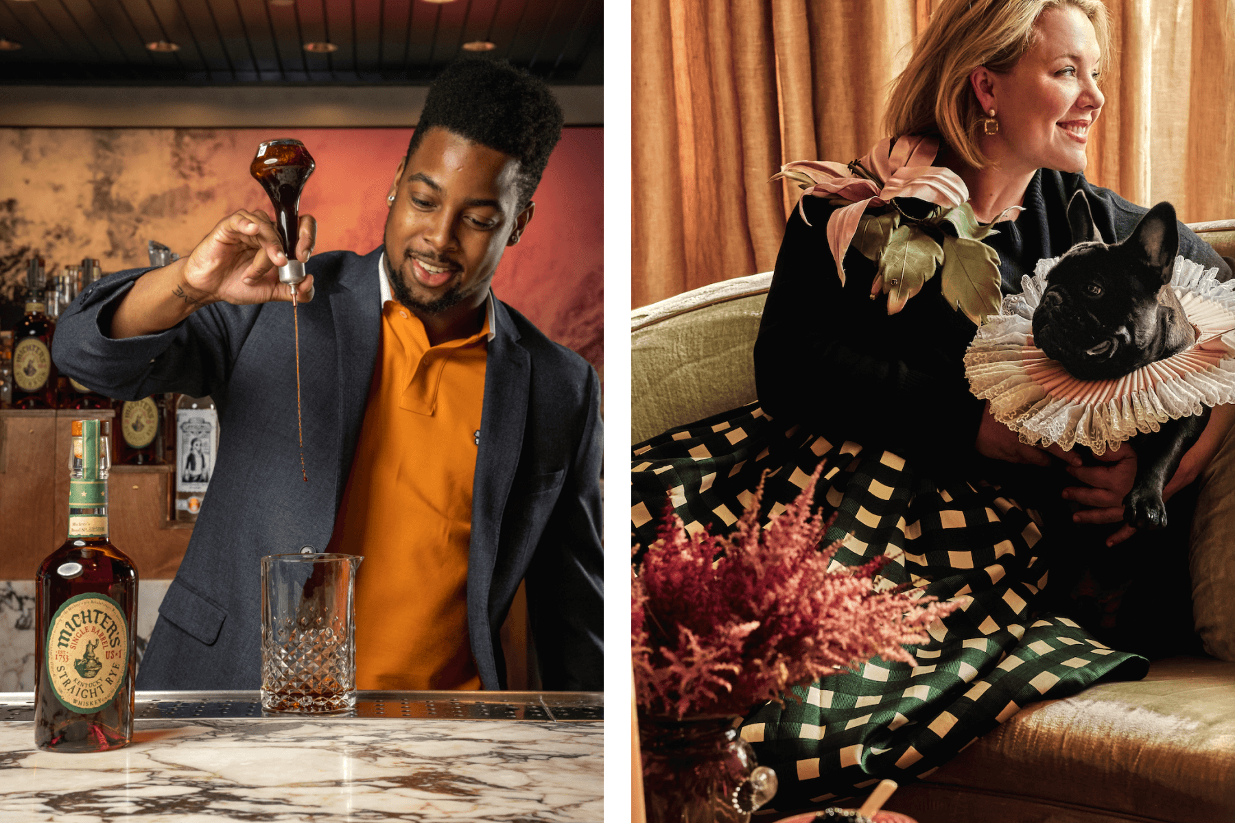 Left: Jarrett Holborough pours bitters into a glass cocktail mixing vessel at a marble counter with a bottle of Rye to his left. Right: Rebecca Gardner sits on a settée with a black French bulldog wearing an Elizabethan lace collar.