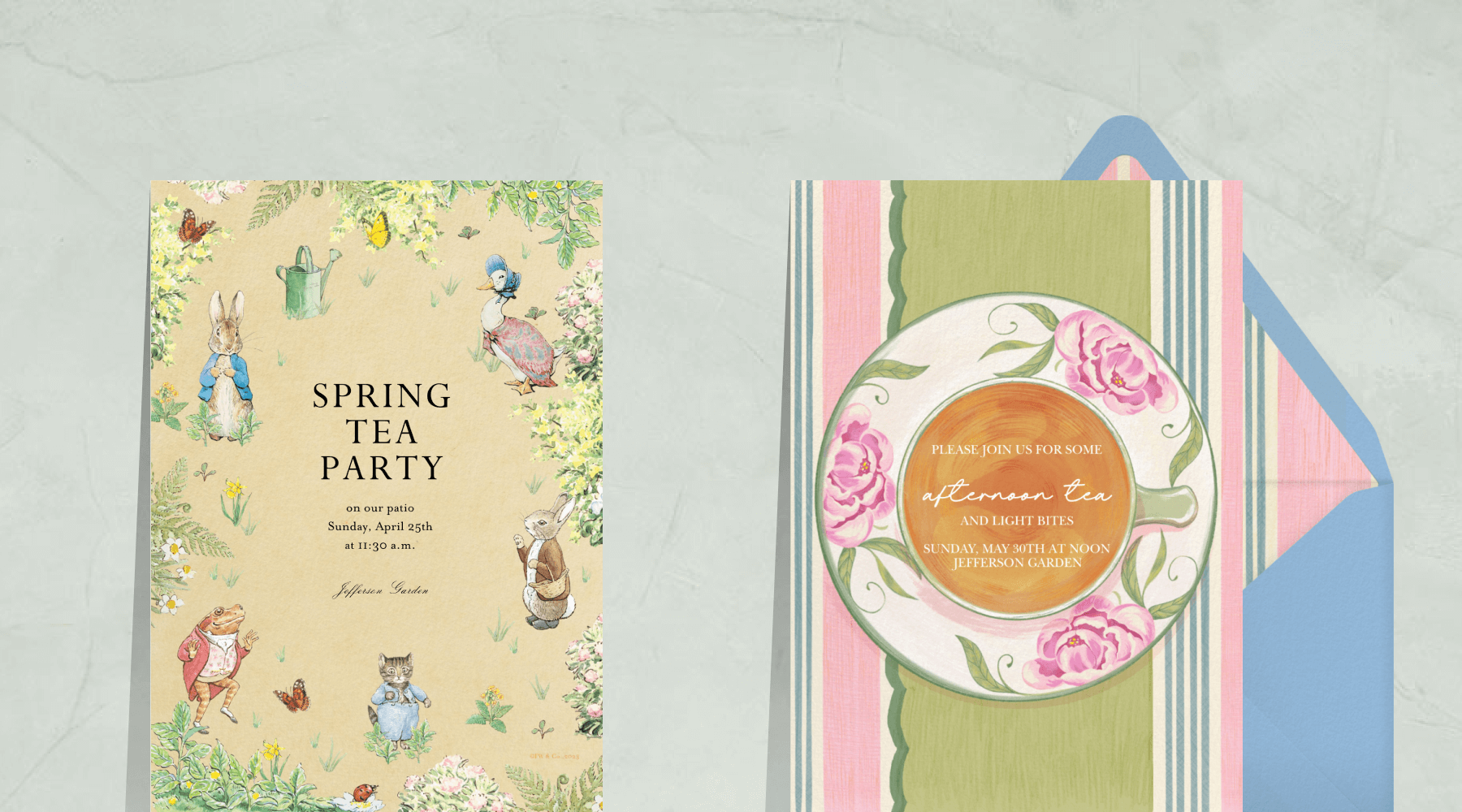 an invitation with Peter Rabbit and his farm friends; a pink and green striped invitation with a floral tea cup and saucer with a blue envelope and matching striped liner