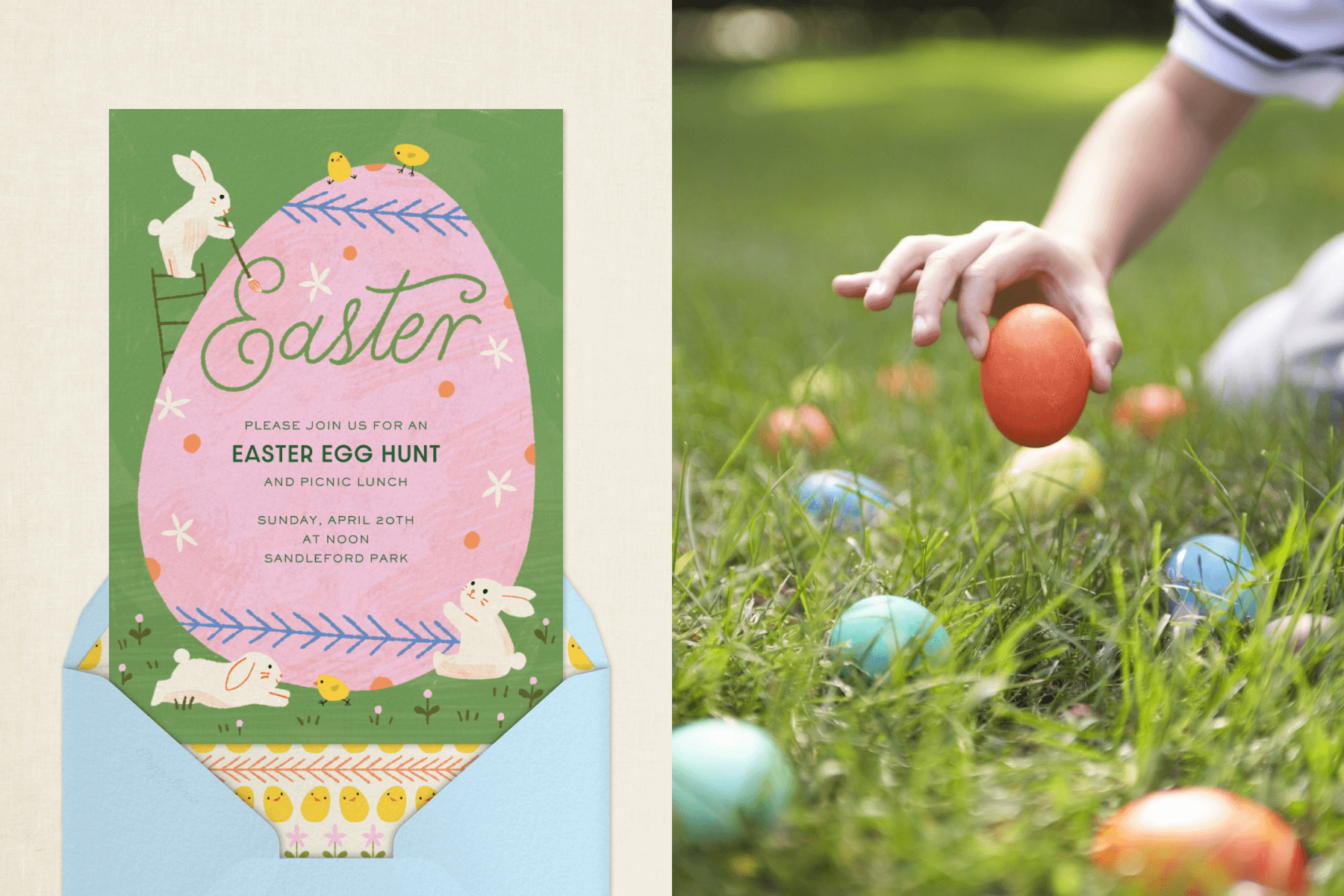 Left: An Easter invitation with an illustration of bunnies painting a giant Easter egg; Right: A child’s hand lifts a colored egg out of the grass.