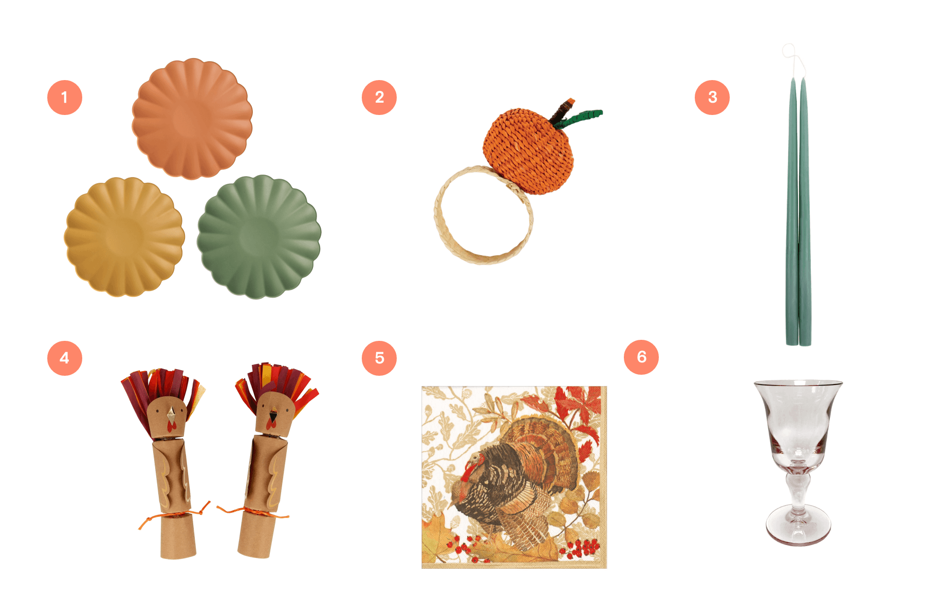 Colorful scalloped plates, a woven pumpkin napkin ring, green taper candles, turkey party crackers, turkey napkins, and a goblet.