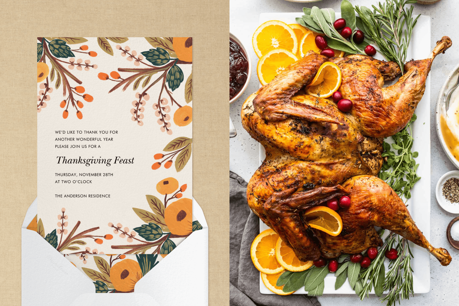 Left: A Thanksgiving Feast invitation with a simplified illustrated border of round orange flowers, autumn berries on brown branches, and dark green leaves. Right: A spatchcock turkey on a white serving tray with orange slices, cranberries, and herbs.