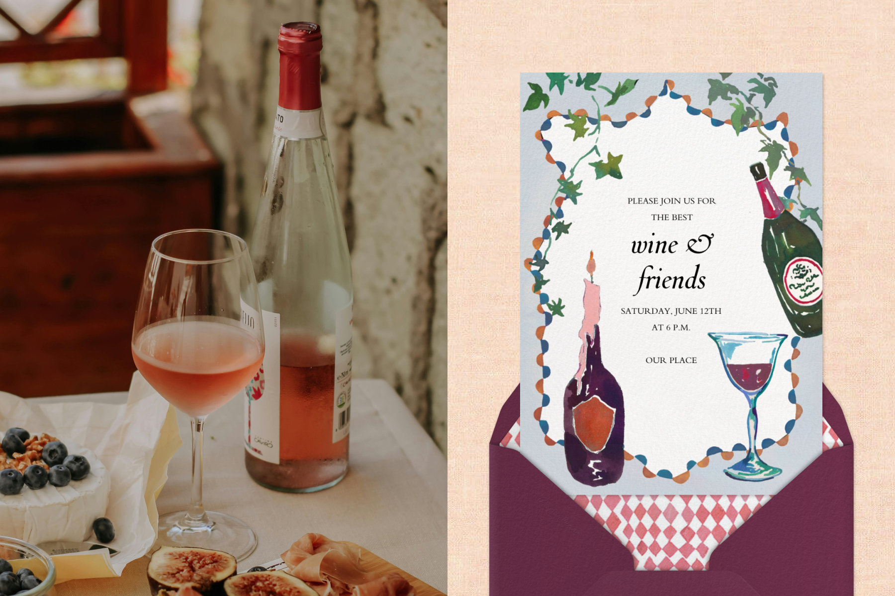 A glass and bottle of wine sitting on a table with cheese and a charcuterie board; An invitation for a wine-themed party featuring illustrations of wine bottles, a glass, and vines.