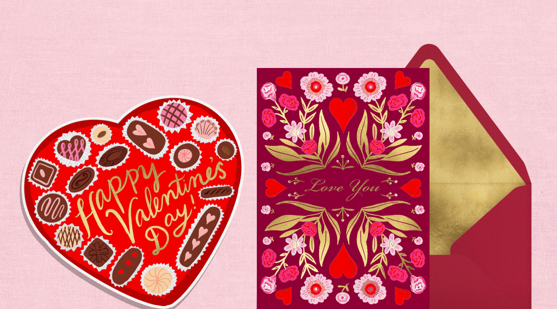 A Valentine’s Day card that looks like a heart-shaped box of chocolates; a maroon card with a mirrored illustration of flowers and hearts.