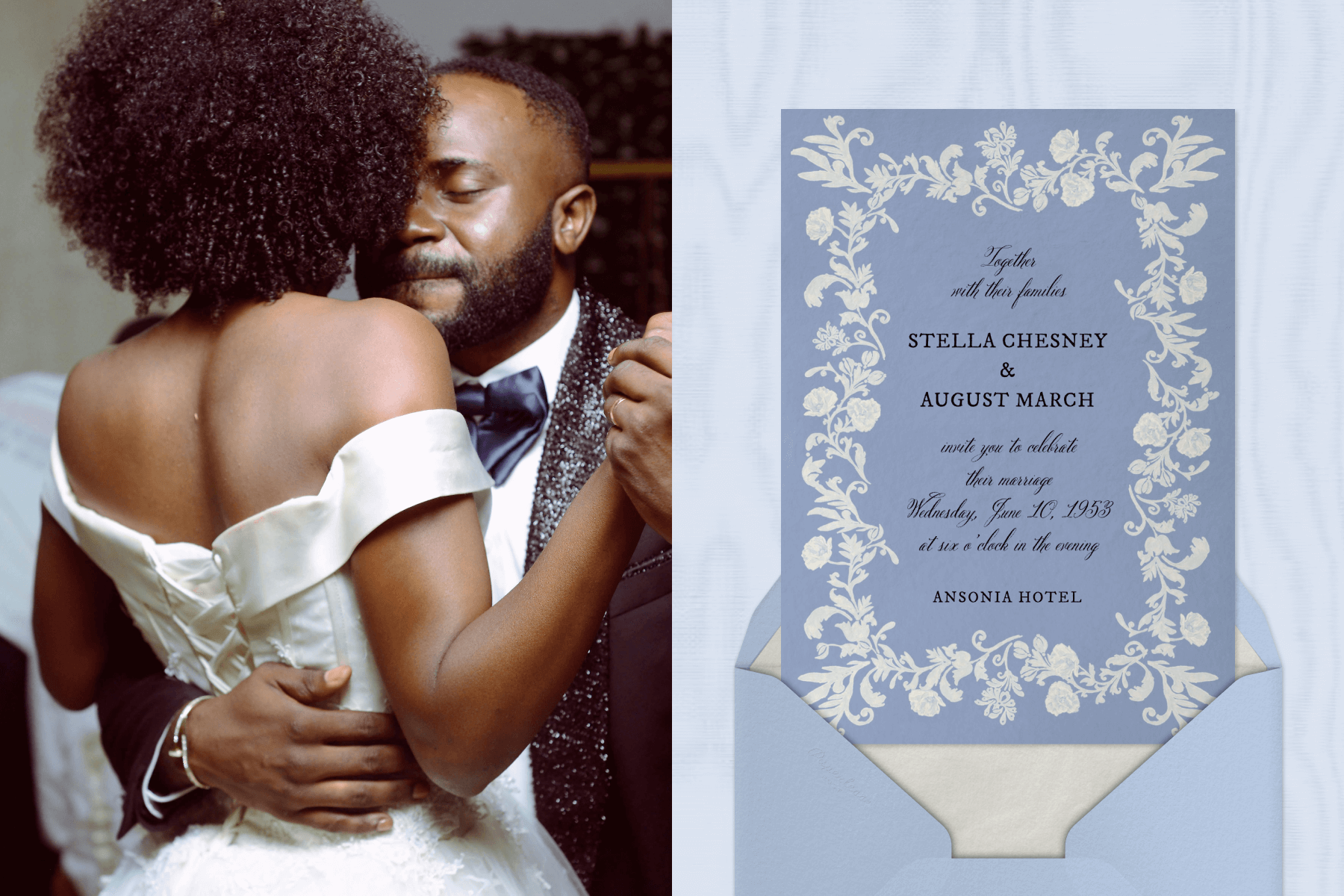 A bride in a white dress and a groom in a black suit dancing together; A blue wedding invitation featuring a cream floral border paired with a blue envelope, cream envelope liner, and blue textured background. 