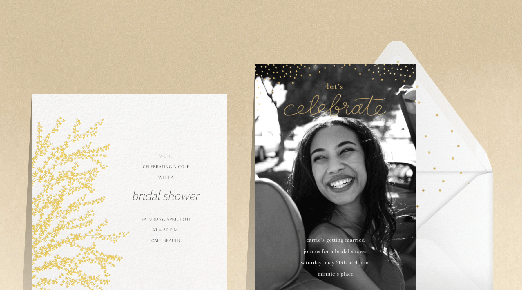 Two formal bridal shower invitations: one with gold forsythia illustration, and one with a photo.