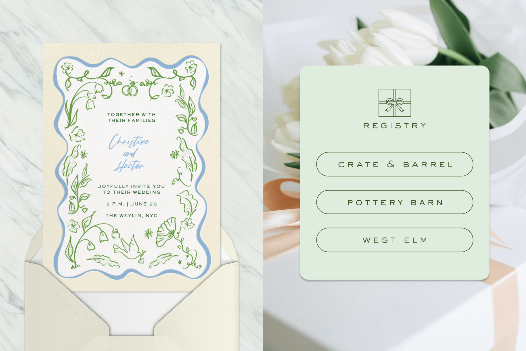 A wedding invitation with blue and green nature illustrations paired with a cream envelope and cream marble background; A screenshot of wedding registry links on top of an image of a wrapped gift.