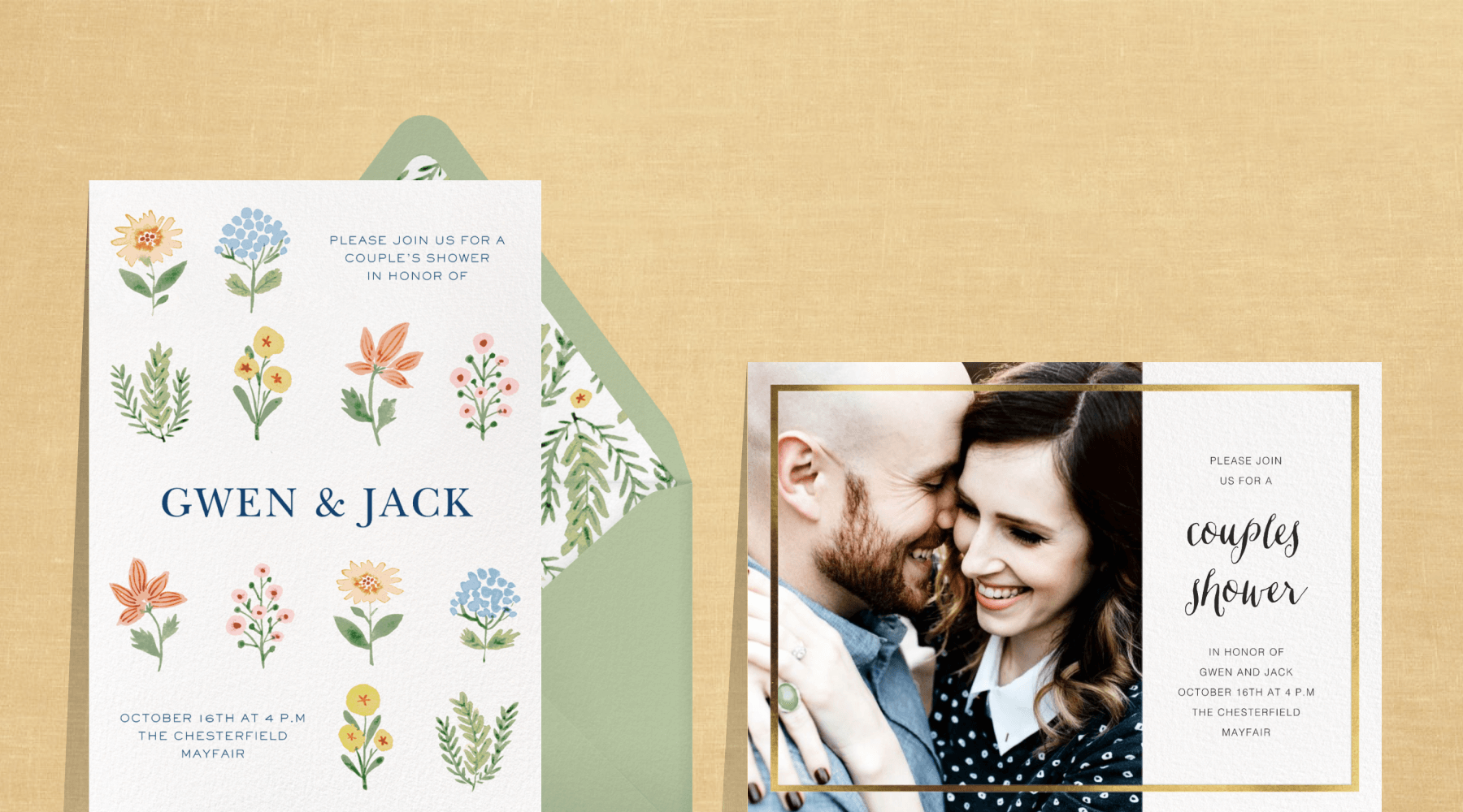 An invitation with colorful flowering plants; an invitation with a couple embracing and a gold foil border