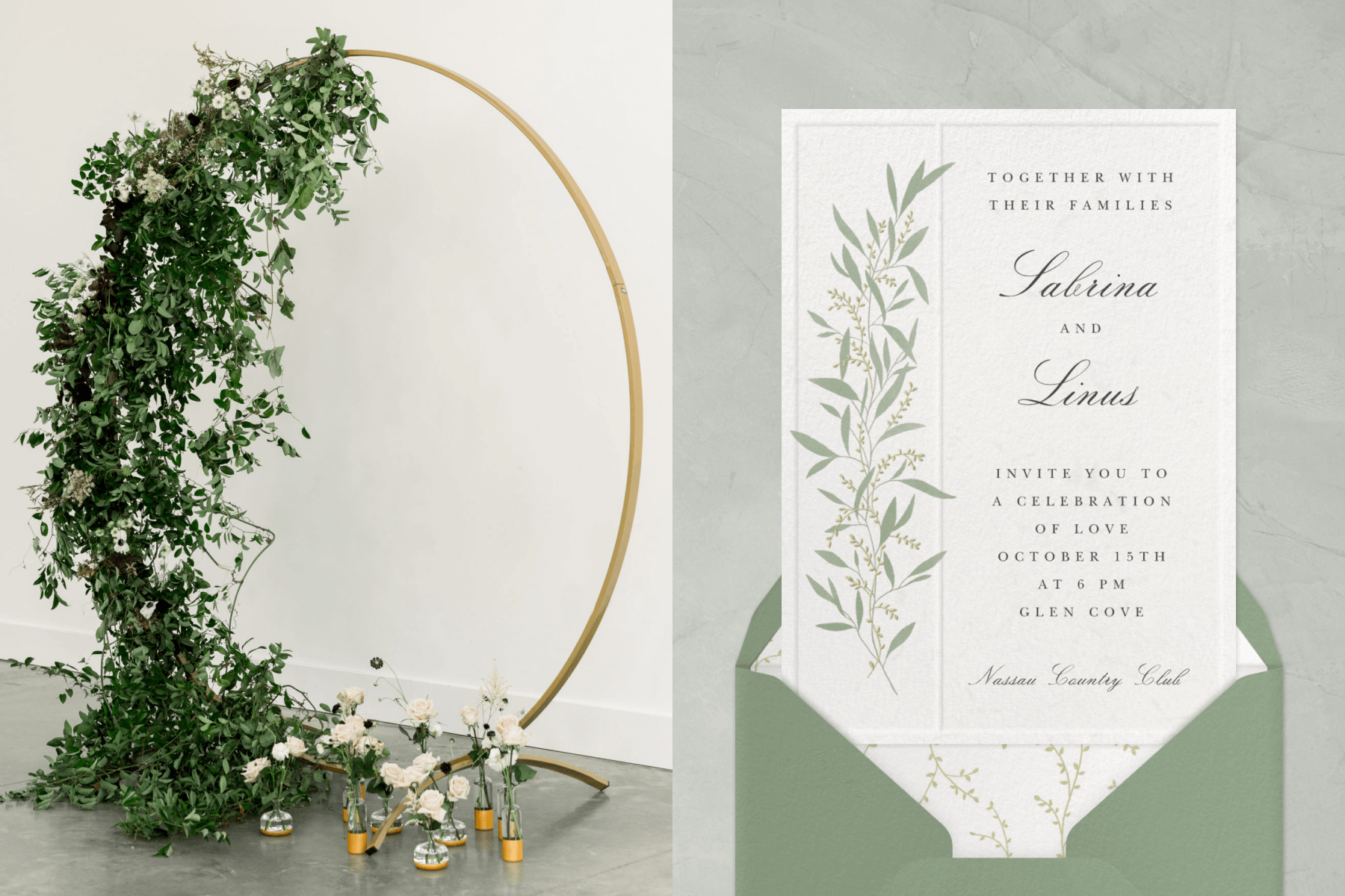 Left: A gold wedding arch with tangled greenery and white flowers cascading down one side.