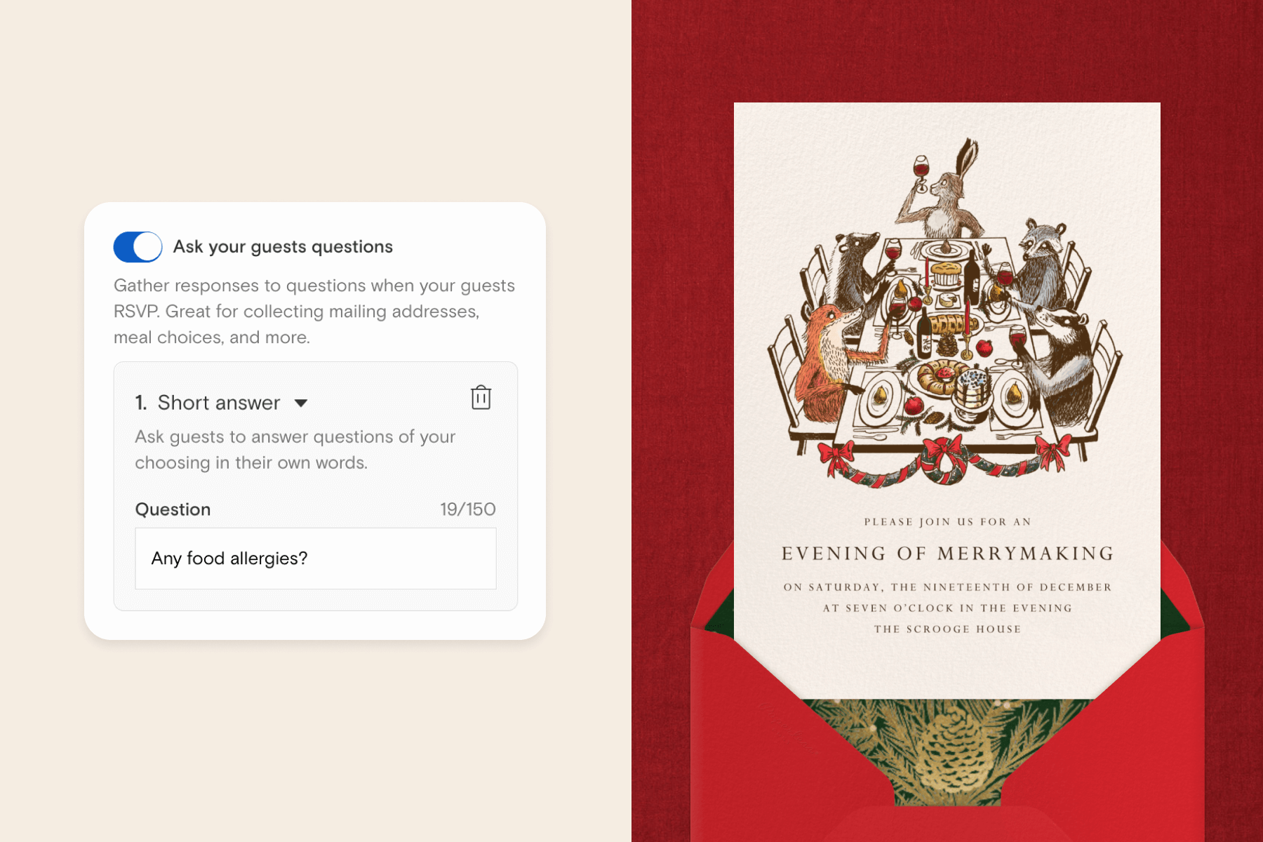 A Guest Questions pop-up on Paperless Post asking whether guests have food allergies; an invitation with woodland mammals toasting at a table.