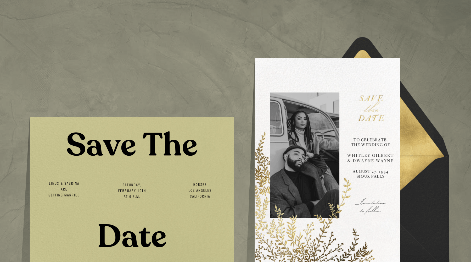 A muted green save the date with black bubble lettering; a white save the date with a black and white photo of a couple and gold foil greenery.