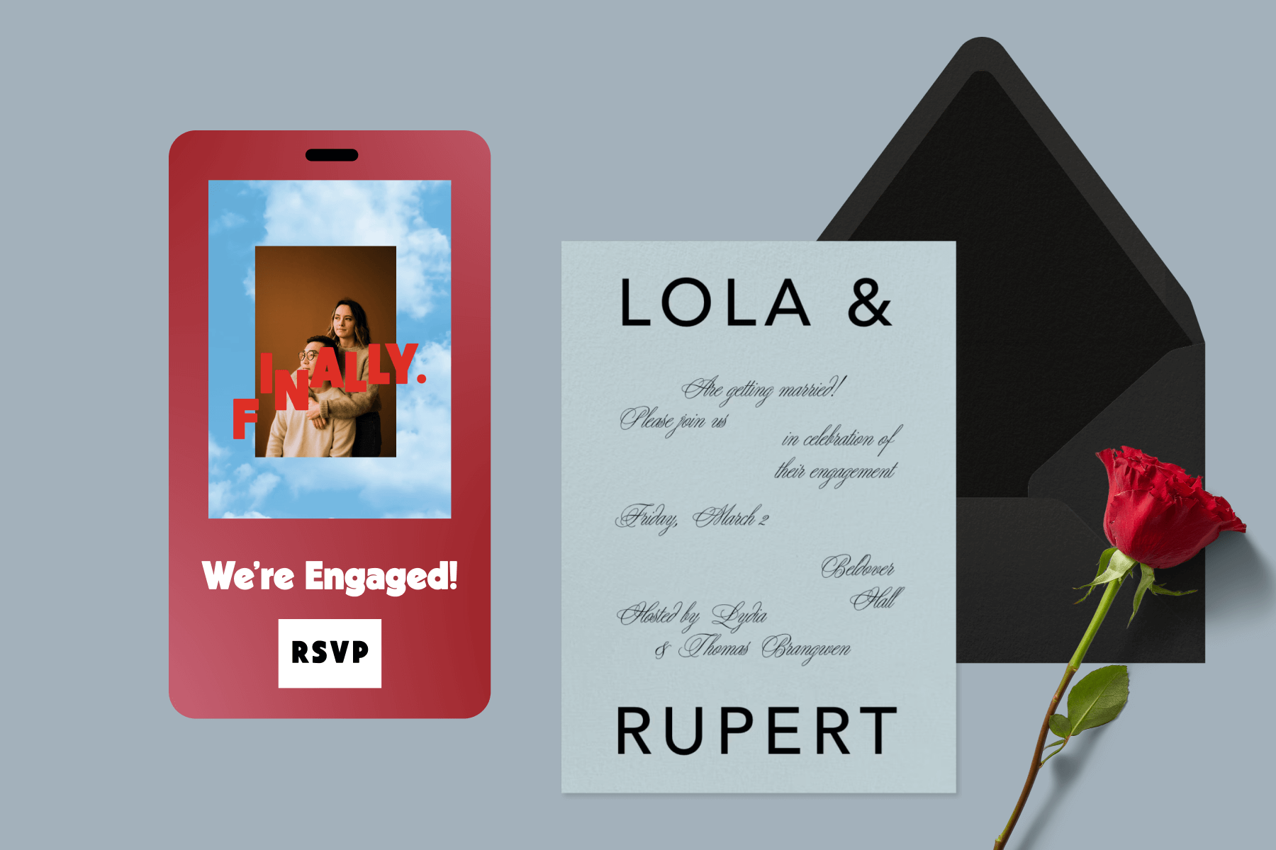 A gray background with a red rose accent featuring a phone screenshot of an engagement party invitation with text overlay that reads ‘Finally.” plus a stationery-inspired engagement party invitation with a blue background and black script text paired with a black envelope.