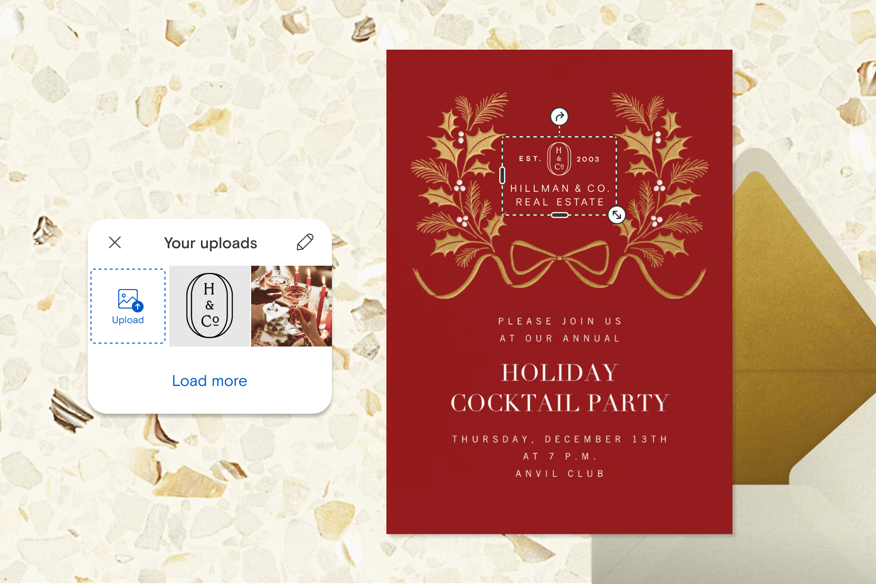 A red invitation to a holiday cocktail party with holly leaves and a bow in gold, on top of a tan envelope with a gold liner, with a digital tools box showing how to upload your own logo, all on a pebbled background in cream and gold.