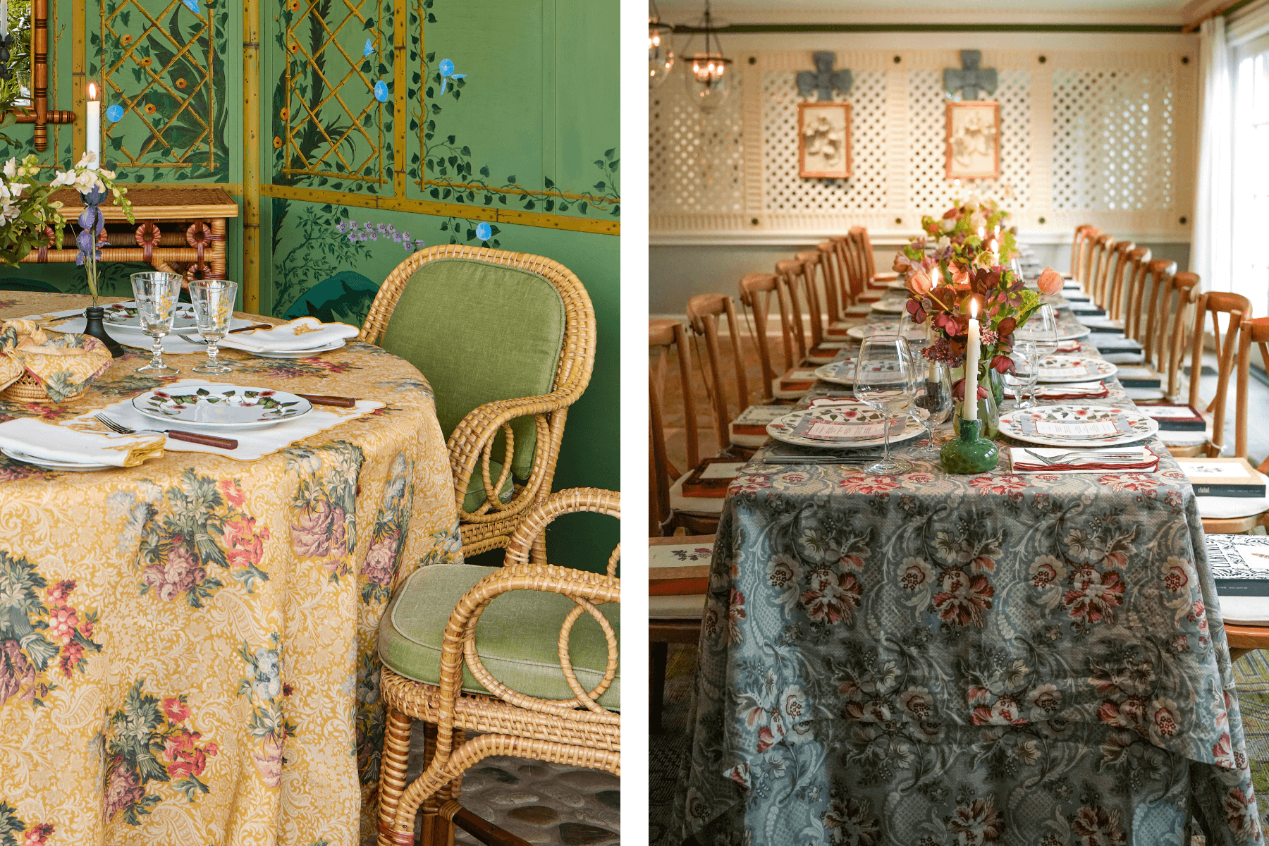 A table set with a yellow tablecloth with colorful florals, white and floral plates, candles, with green chairs in front of a green wall; A long dining table set with a blue tablecloth with pink florals, topped with vases of flowers, candles, and matching floral plates, along with wooden dining chairs.
