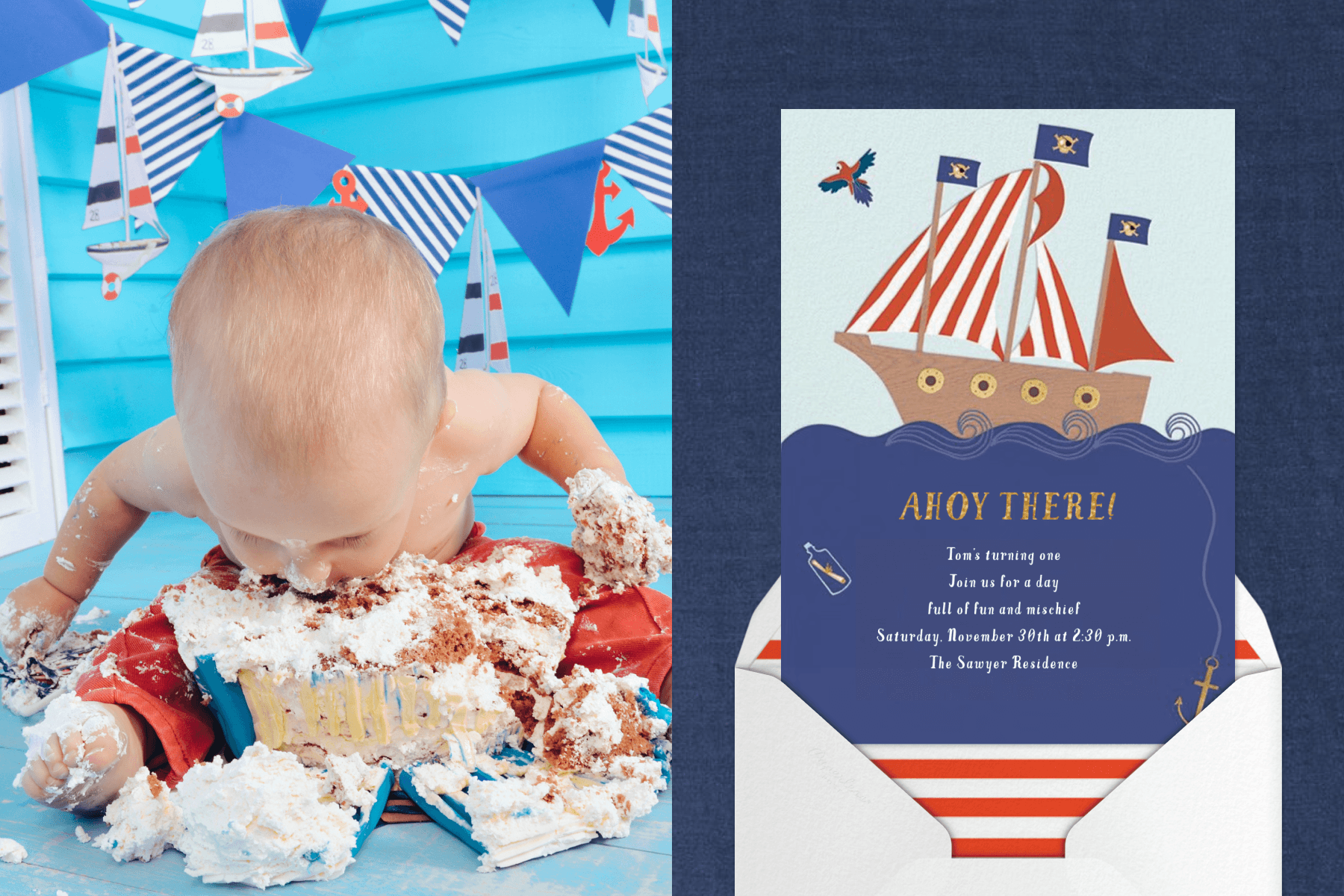 LEFT: A baby messily eats white cake in front of a blue wall. Above him are nautical-themed decorations. RIGHT: An invitation featuring an illustration of a pirate ship with red-and-white sails emerges from a white envelope with red-and-white patterned lining.