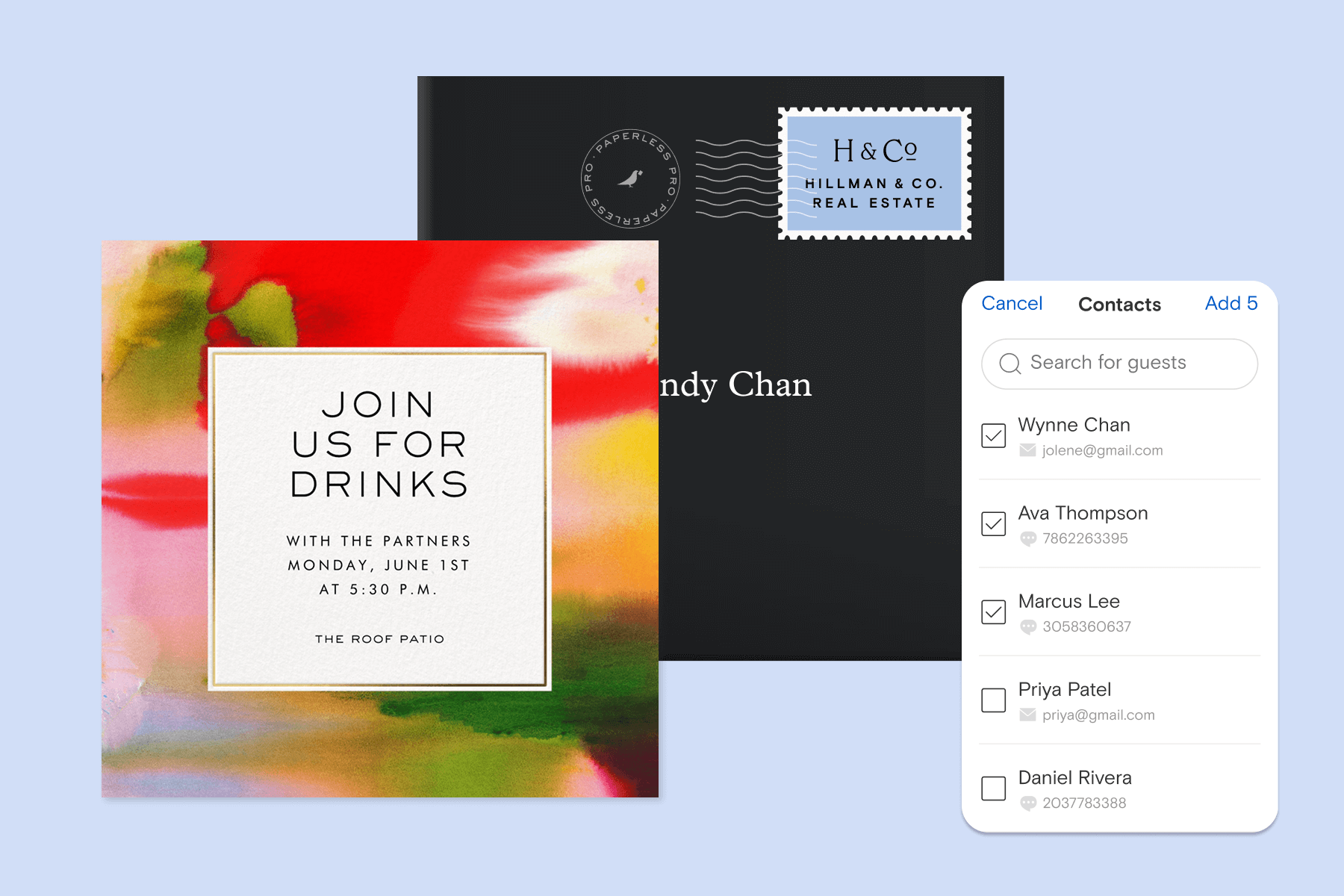 A boldly-colored, watercolor-style invitation that reads ‘Join us for drinks’ sits on a black envelope, to the left of a digital tools tip showing how to search for guests in your contacts, all on a periwinkle background. 