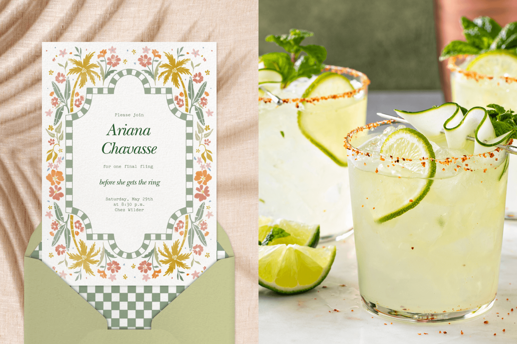 A bachelorette party invitation with a green, yellow, red, and pink floral border with palm trees; A white table with three margaritas with slices of limes and salted rims.