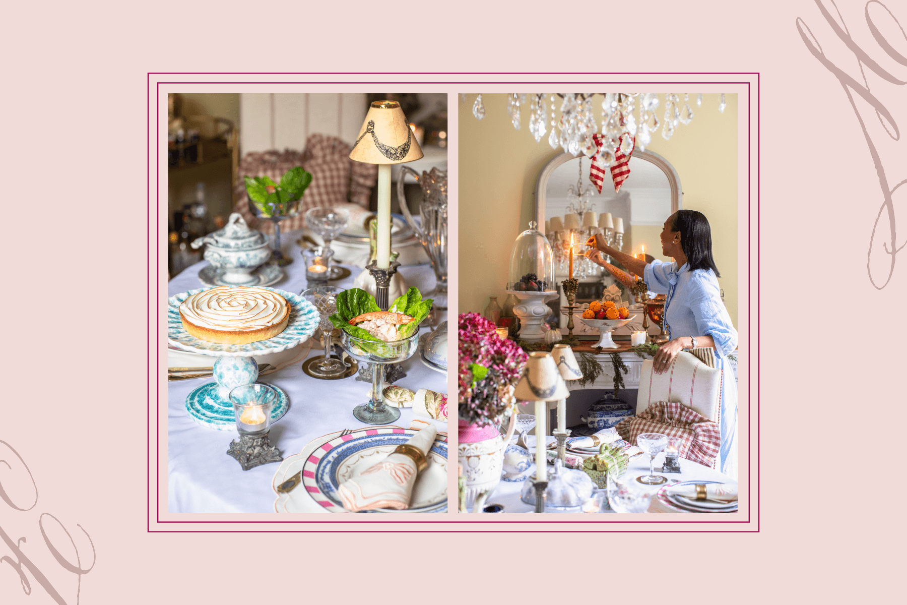 Left: A circular table set with a white tablecloth, pie on a stand, plates, napkins, candles, and various decorations and food. Right: Paula Sutton lighting a candle over an elaborately set dinner table.