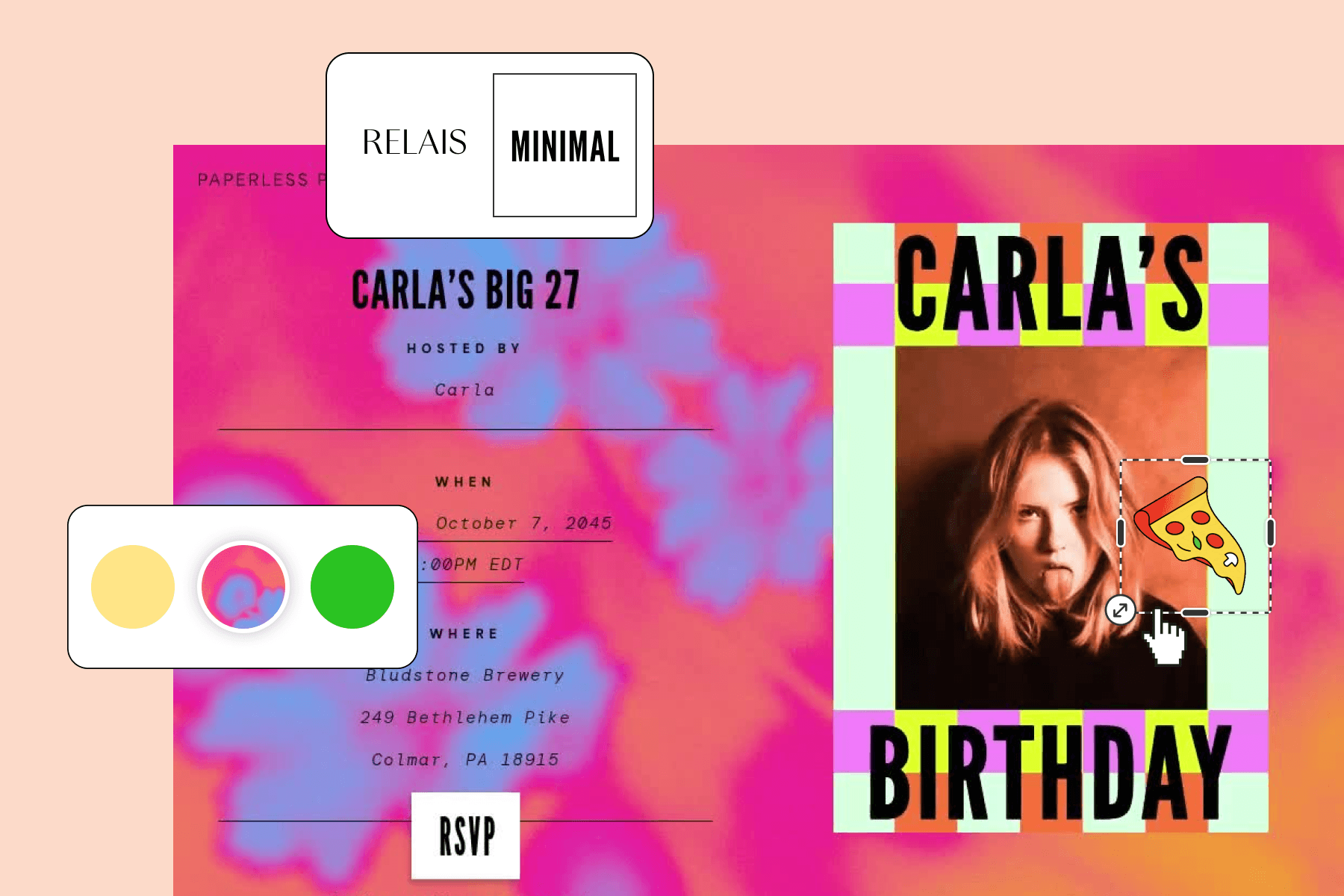 A pink-purple cyanotype, floral, photo-personalized birthday invitation with UI emphasis on color and font customization sits against a light blush backdrop.