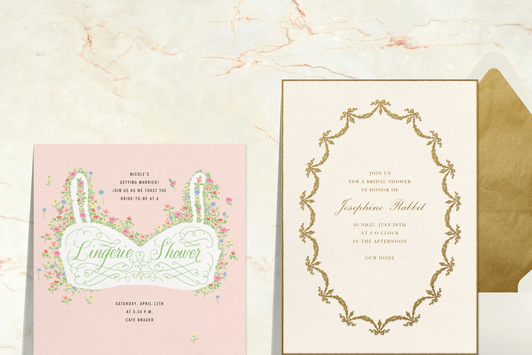 A square invitation featuring a white bra with flowers outlining it; a cream invitation with a circular gold outline, both on top of a marble backdrop.