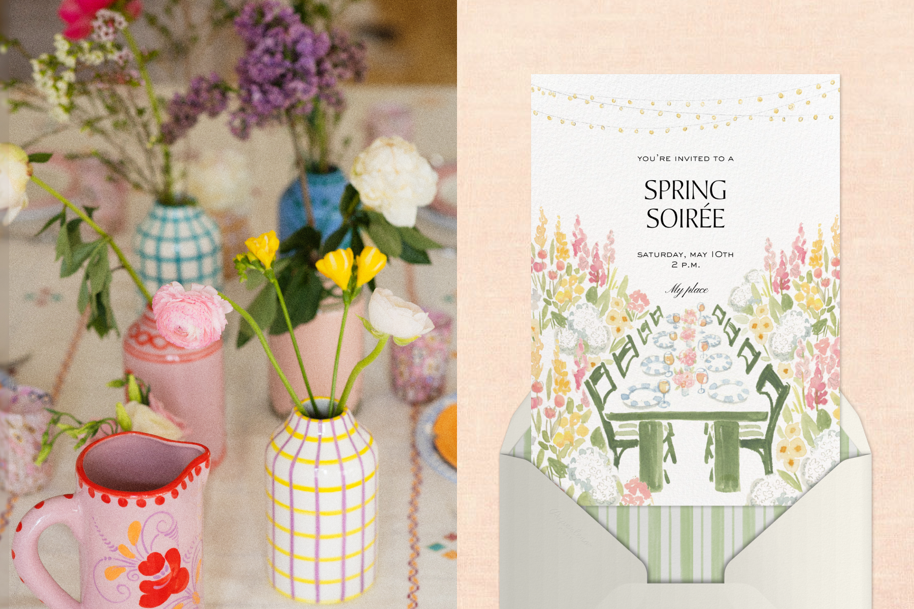  Left: A table with pink, yellow, and blue vases in various patterns holding various colorful floral arrangements. Right: An invitation for a spring soirée with watercolor illustrations of an outdoor dining table surrounded by pink and yellow flowers sits above a white envelope over a peach backdrop. 