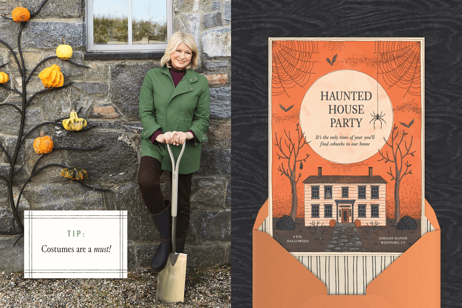 Left: A photo of Martha Stewart leaning against a stone wall next to a display of gourds with a small white rectangle reading ‘Tip: Costumes are a must!’; Right: An orange and black Halloween invitation featuring a spooky house, and the words ‘Haunted House Party’ in the center. 