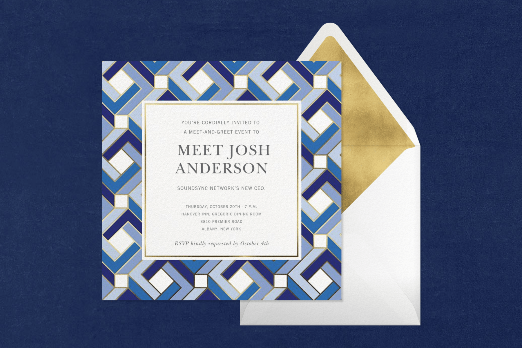 a square invitation with a blue geometric border beside a gold-lined envelope