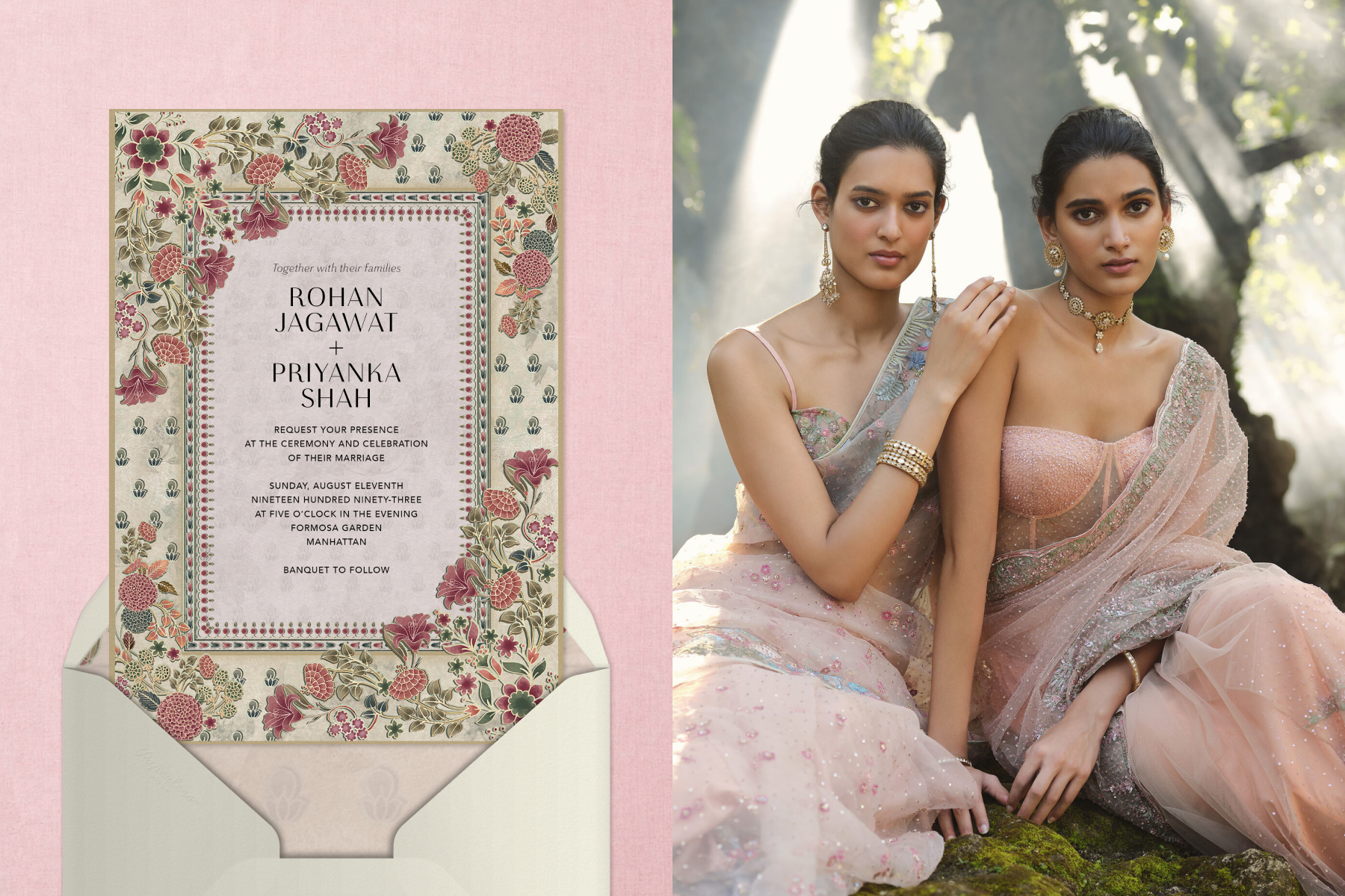 An Indian wedding invitation with a pink and red floral border; Two women in pink Anita Dongre dresses posing in a forest together.