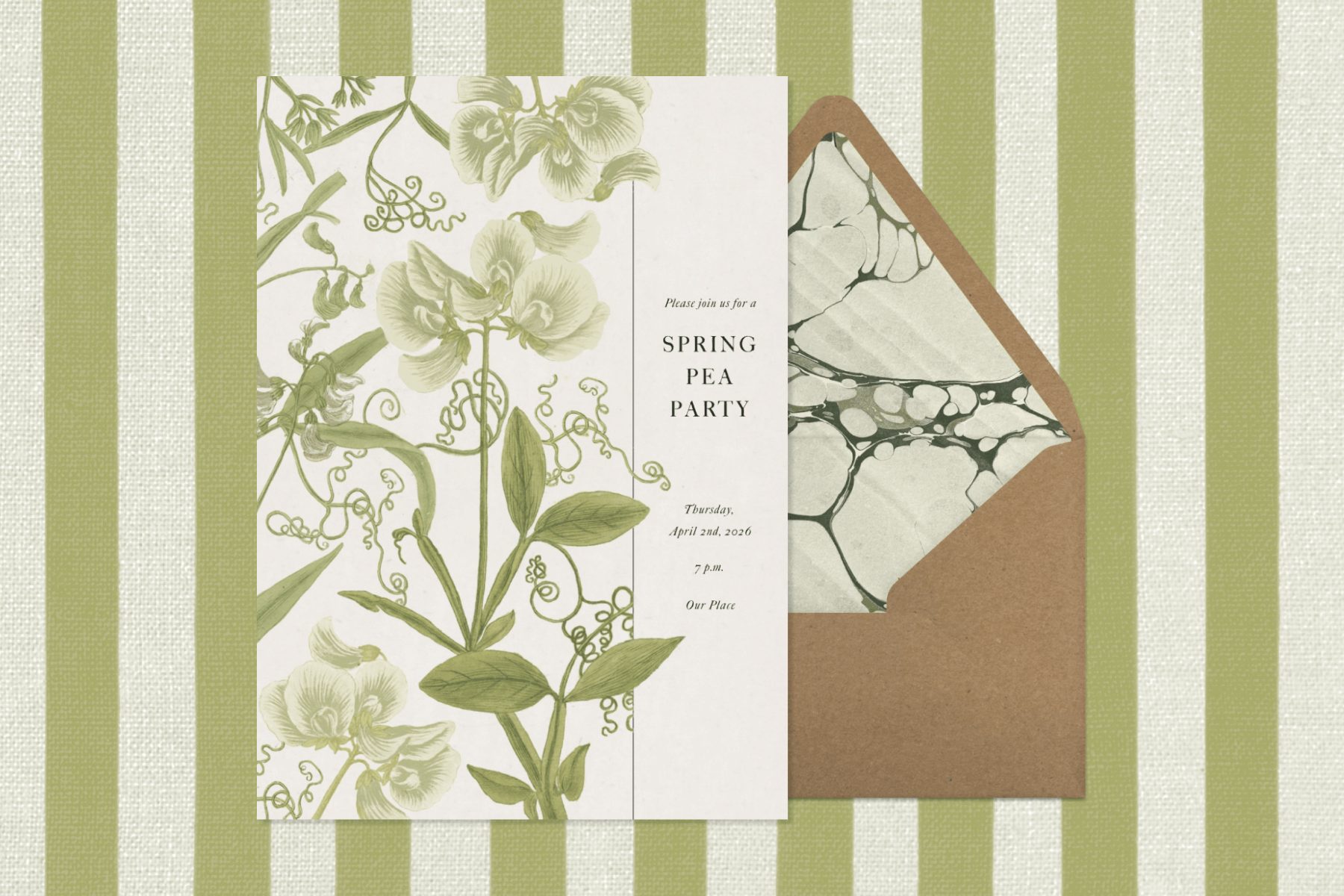 A white invitation reading ‘SPRING PEA PARTY’ with green illustrations of leaves and flowers in front of a brown envelope over a green and white striped background.
