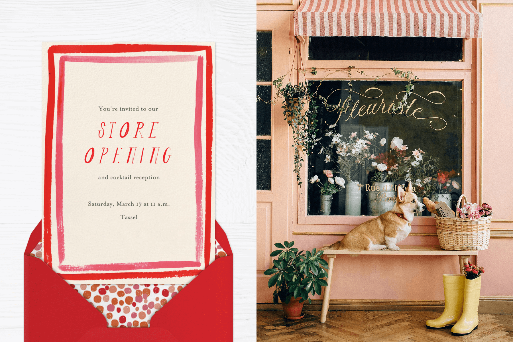 A beige invitation for a store opening with a red and pink striped painted border and red text, above a red envelope; The exterior window of a flower shop with a red and white striped awning, flowers in the window, and a dog sitting on a bench outside next to a basket and rainboots filled with flowers.