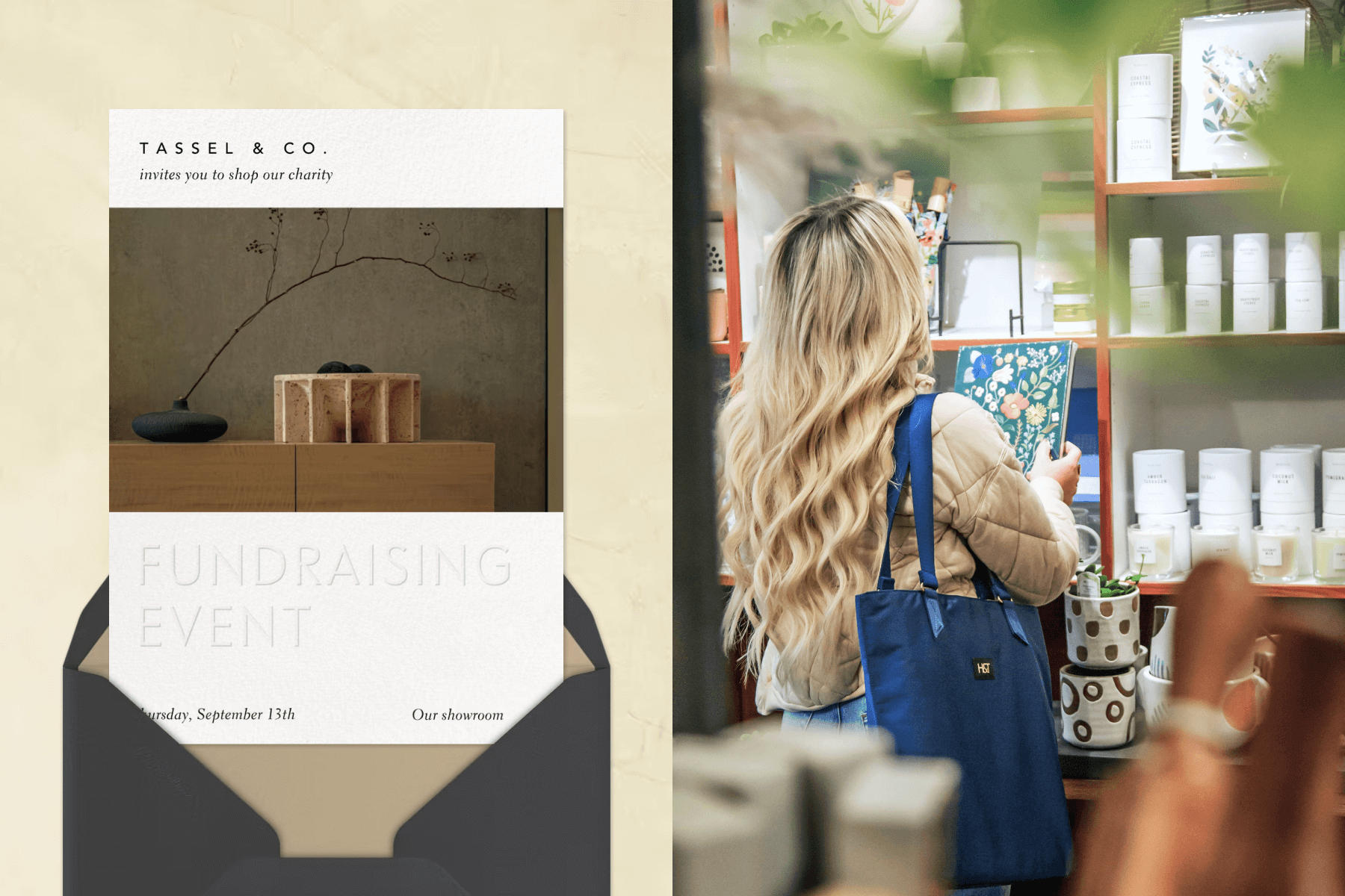 A fundraising event invitation with a white background and an image of modern home decor paired with a gray envelope and tan envelope liner all on a tan textured background; A woman with a blue bag browsing store shelves and holding up a floral print notebook.