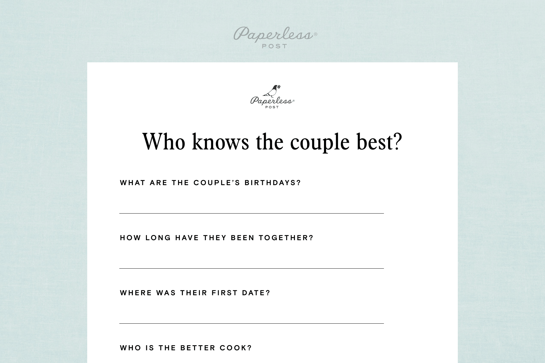 The top half of a sheet of paper with the phrase “Who knows the couple best?” on top and personal trivia questions below, against a light blue textured background.