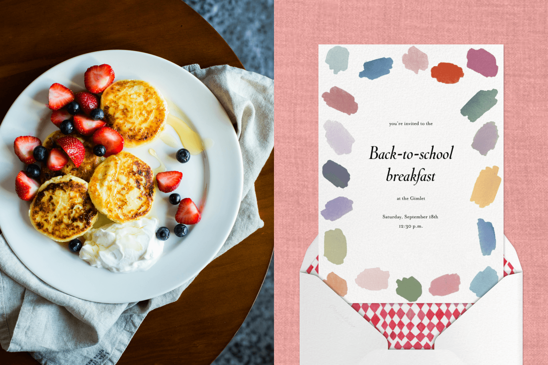 Mini pancakes with fruit, syrup, and whipped cream on a white plate; A back-to-school breakfast invitation with colorful paint swatches bordering the text.