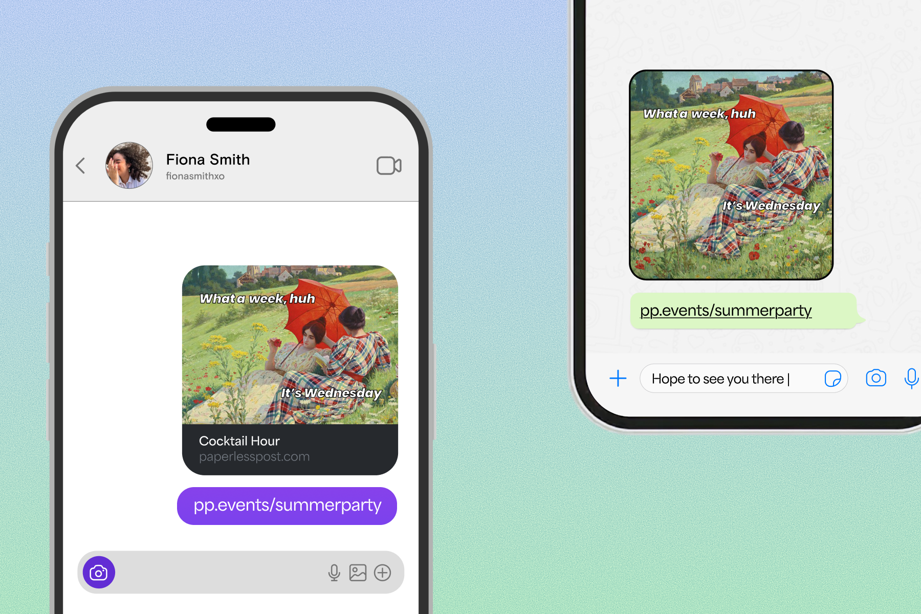 Left: A social media direct message UI reveals an art-inspired summer party invitation to ‘Fiona Smith’ against a blue-and-green gradient backdrop. Right: A messaging app text UI reveals an art-inspired summer party invitation against a blue-and-green gradient backdrop.