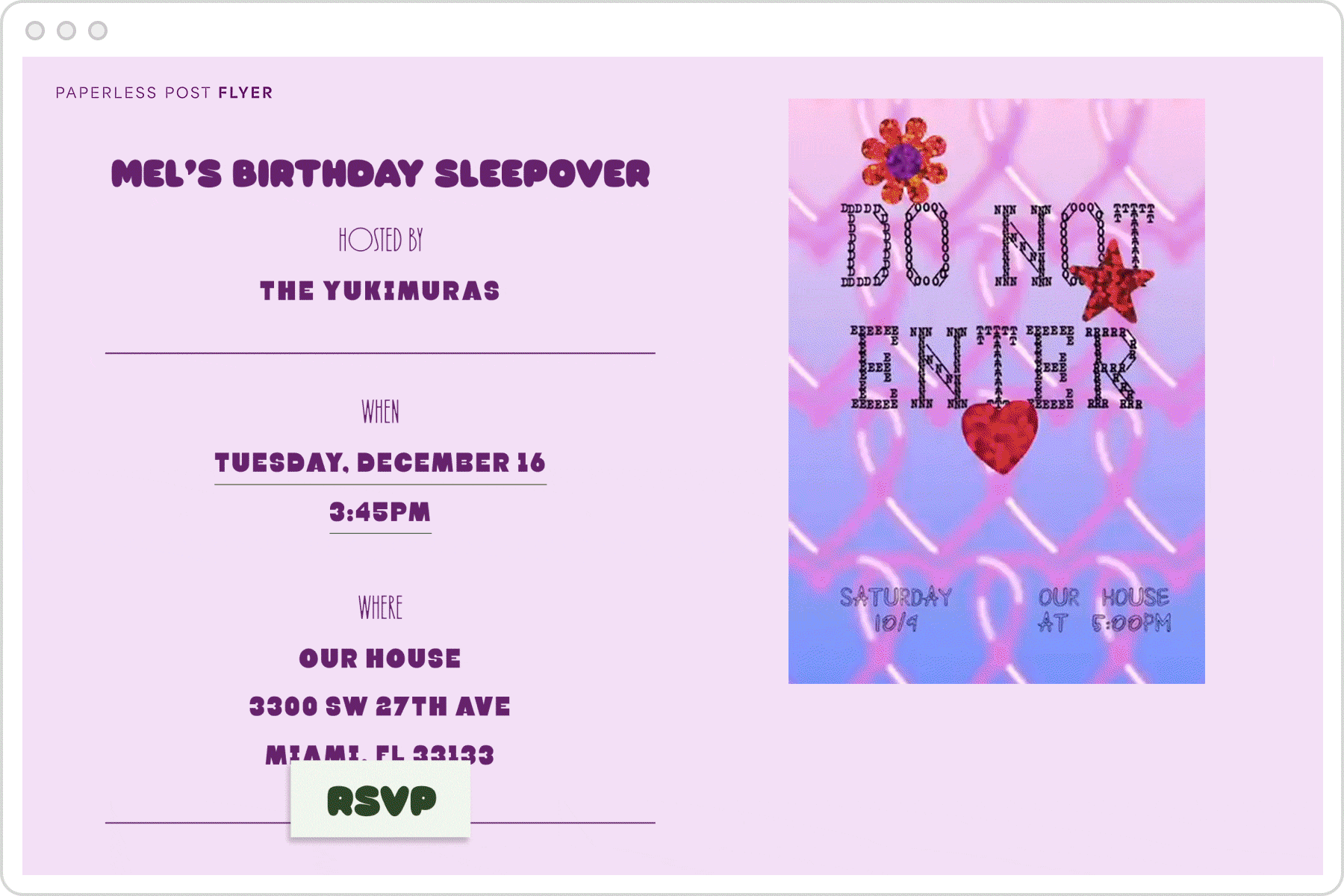A digital invitation page for a sleepover birthday party featuring a purple background and an animated graphic with text overlay that says ‘do not enter.’