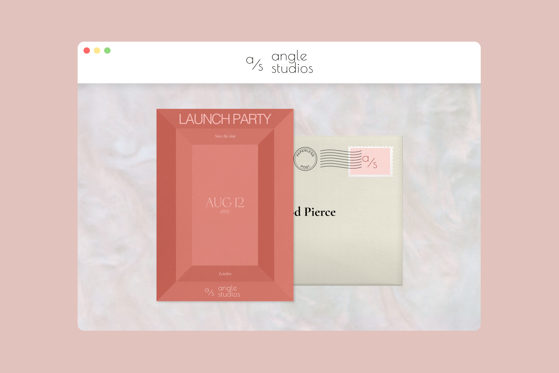 A dark pink invitation for a launch party with a 3D-style border in front of a white envelope over a white marble background with a customized business logo page header.