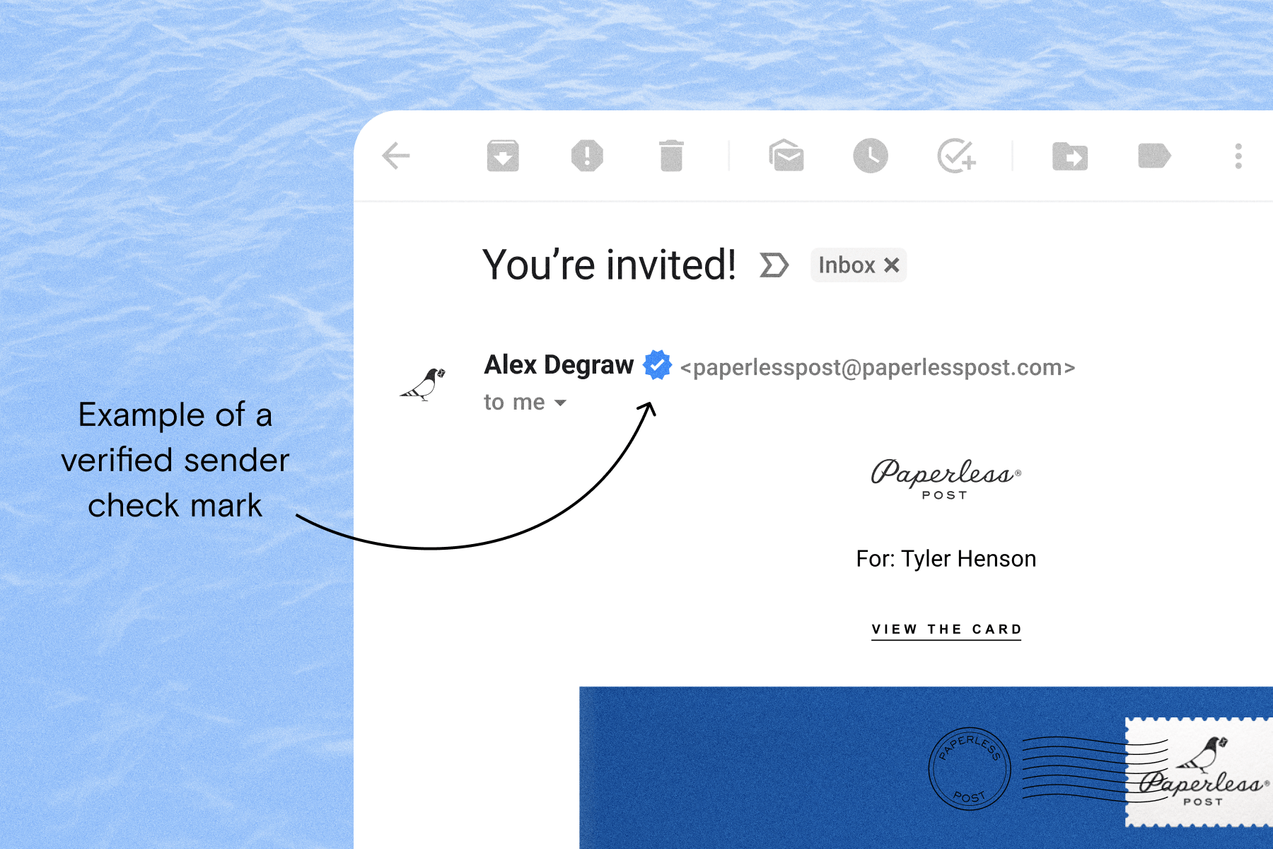 An example of a real Paperless Post invitation email over a blue textured background with text reading ‘Example of a verified sender check mark’ and an arrow pointing to the blue check mark next to the sender’s name. 