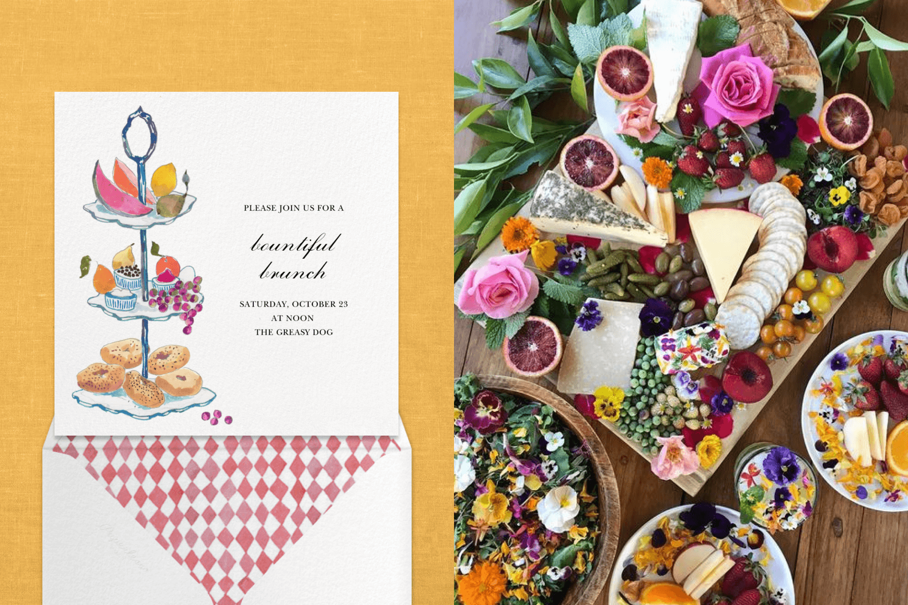 An invitation with a three-tiered snack tray and an envelope with checkerboard liner; colorful cheese and cracker spreads