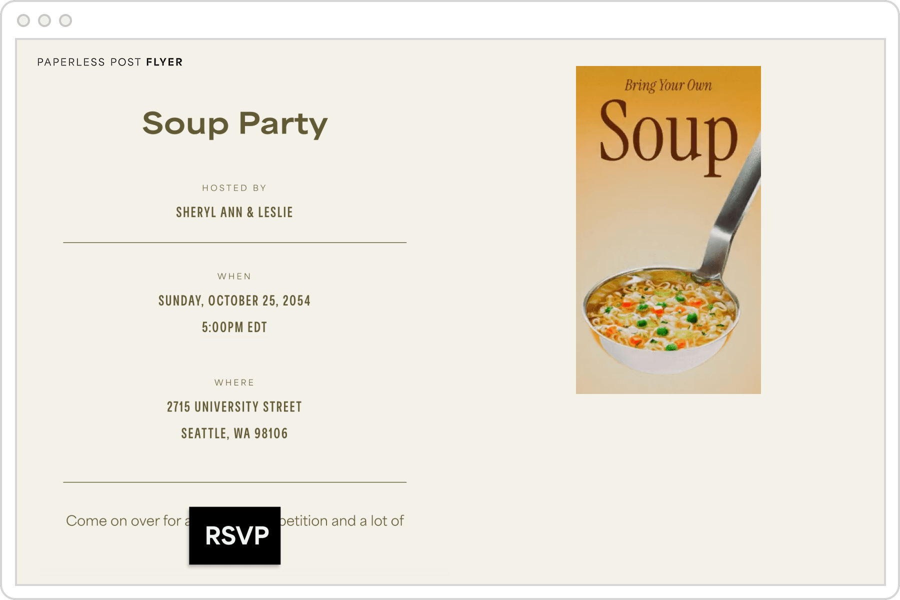 A digital invitation page for a soup party featuring a cream background and a graphic of a ladle filled with chicken noodle soup and text overlay that reads “bring your own soup.”