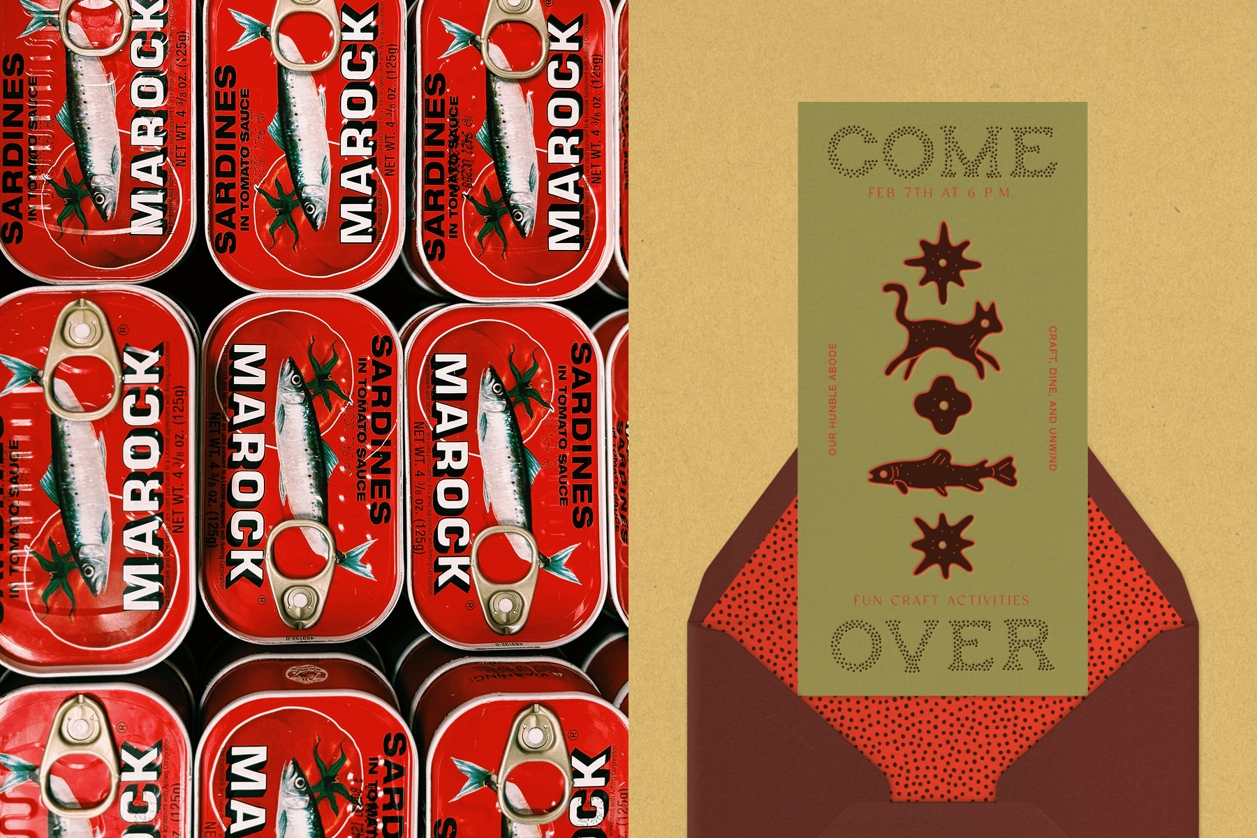 Left: Several red tinned cans of marock sardines. Right: A green party invitation with sun, cat, and fish motifs sits atop a burgundy envelope with a red-and-black-speckled interior against a textured burnt mustard backdrop.