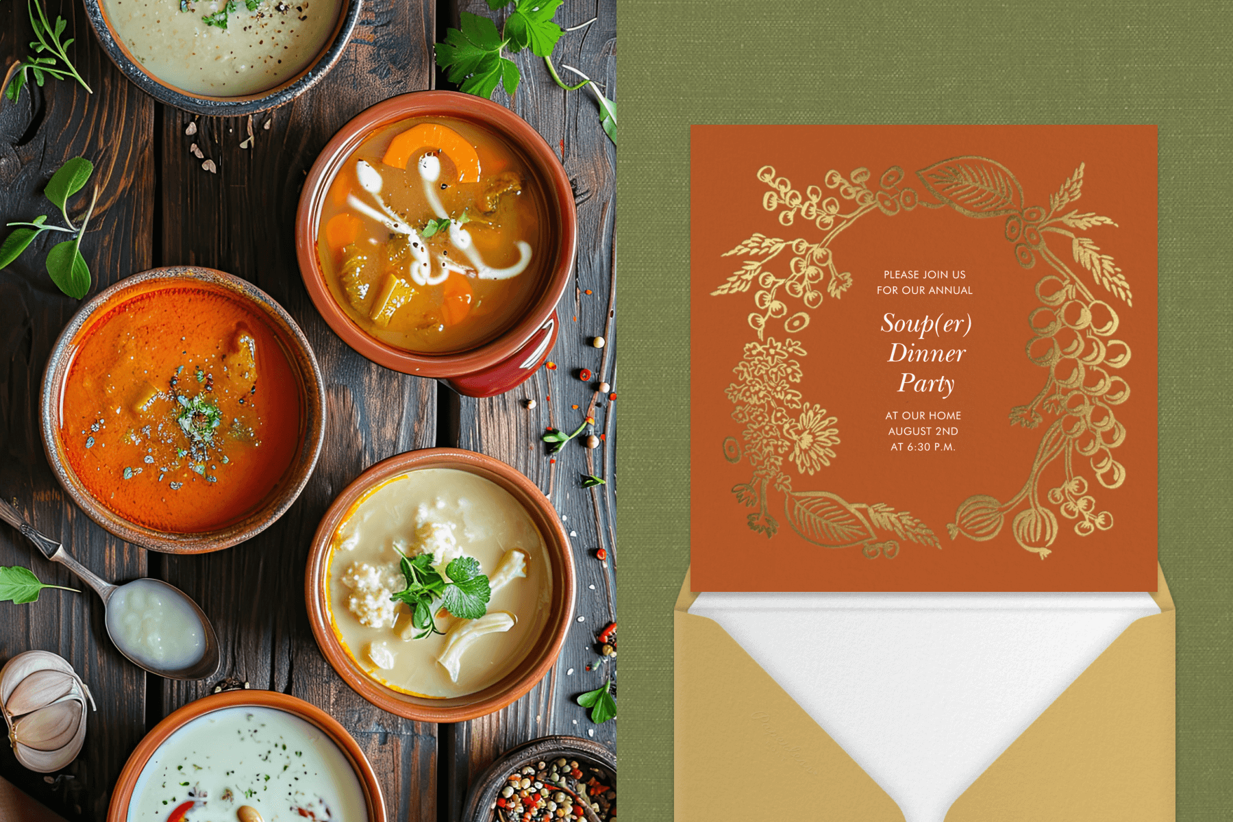 A variety of earthy-colored soups in small bowls on a wooden table; a square orange invitation with gold foil border of berries, leaves, and flowers.
