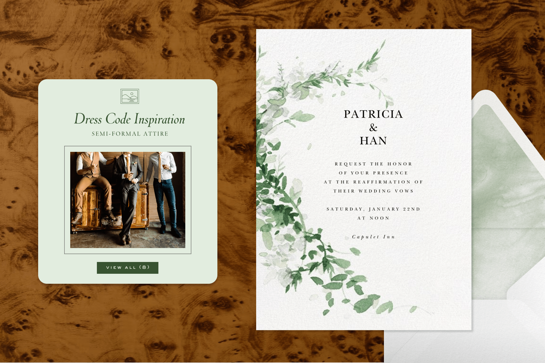 A burl wood background featuring a block outlining dress code paired with a wedding vow renewal invitation with a leafy green illustration and matching envelope and envelope liner.
