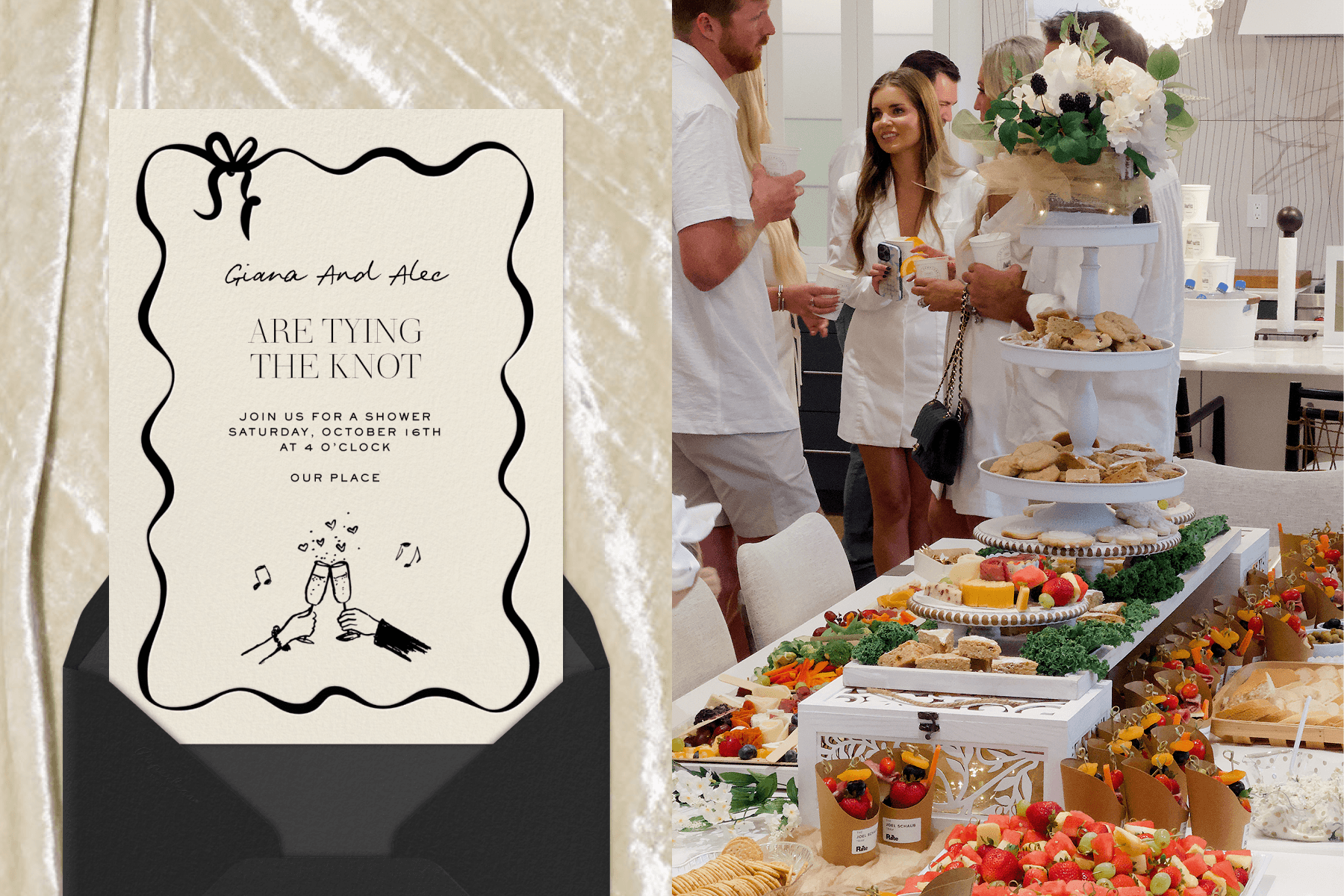 LEFT: On a shimmering white backdrop, a white invitation with a black ribbon border, an illustration of hands toasting Champagne, and text reading, ‘Giana and Alec are tying the knot’ emerges from a black envelope. RIGHT: A group of partygoers wearing white chat near a large buffet table full of snacks. 