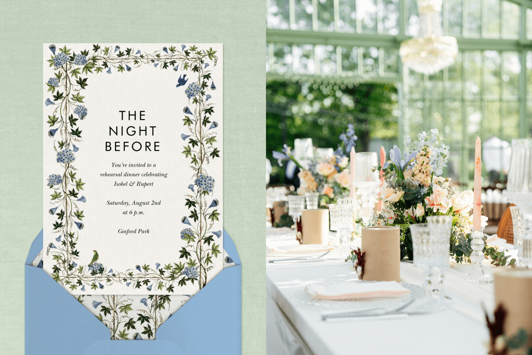 A wedding rehearsal dinner invitation featuring text that reads ‘the night before’ and a blue and green floral border paired with a blue envelope, matching floral envelope liner, and green textured background; A dinner tablescape in a greenhouse setting featuring pink and purple bouquets and crystal decor.